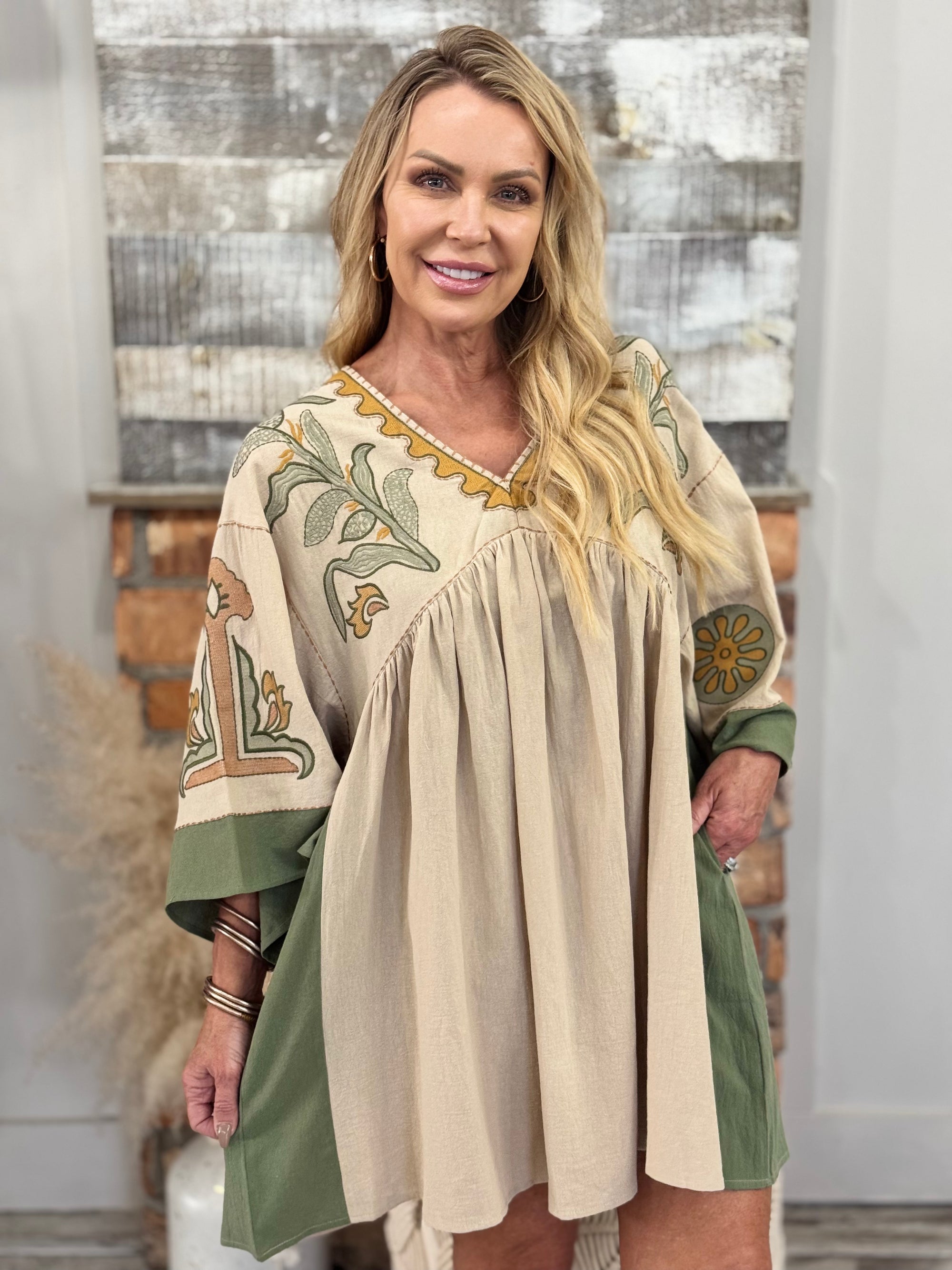 Boho Embroidered Wide Sleeve Dress in Sage