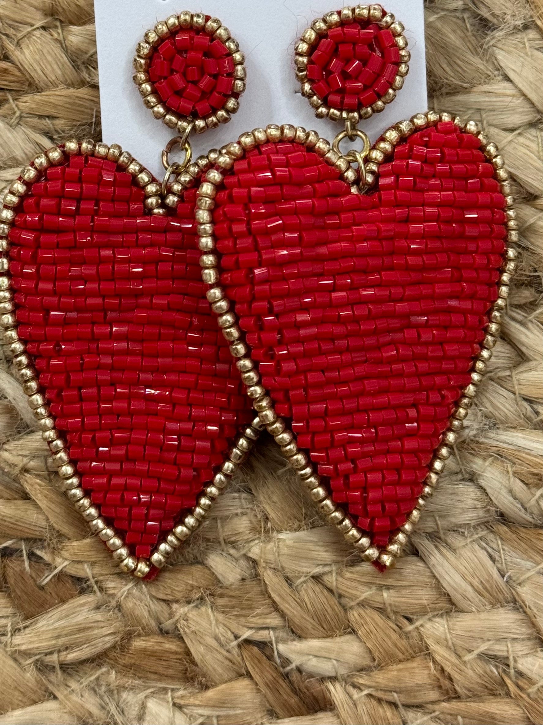 Beaded Heart Earrings in Red