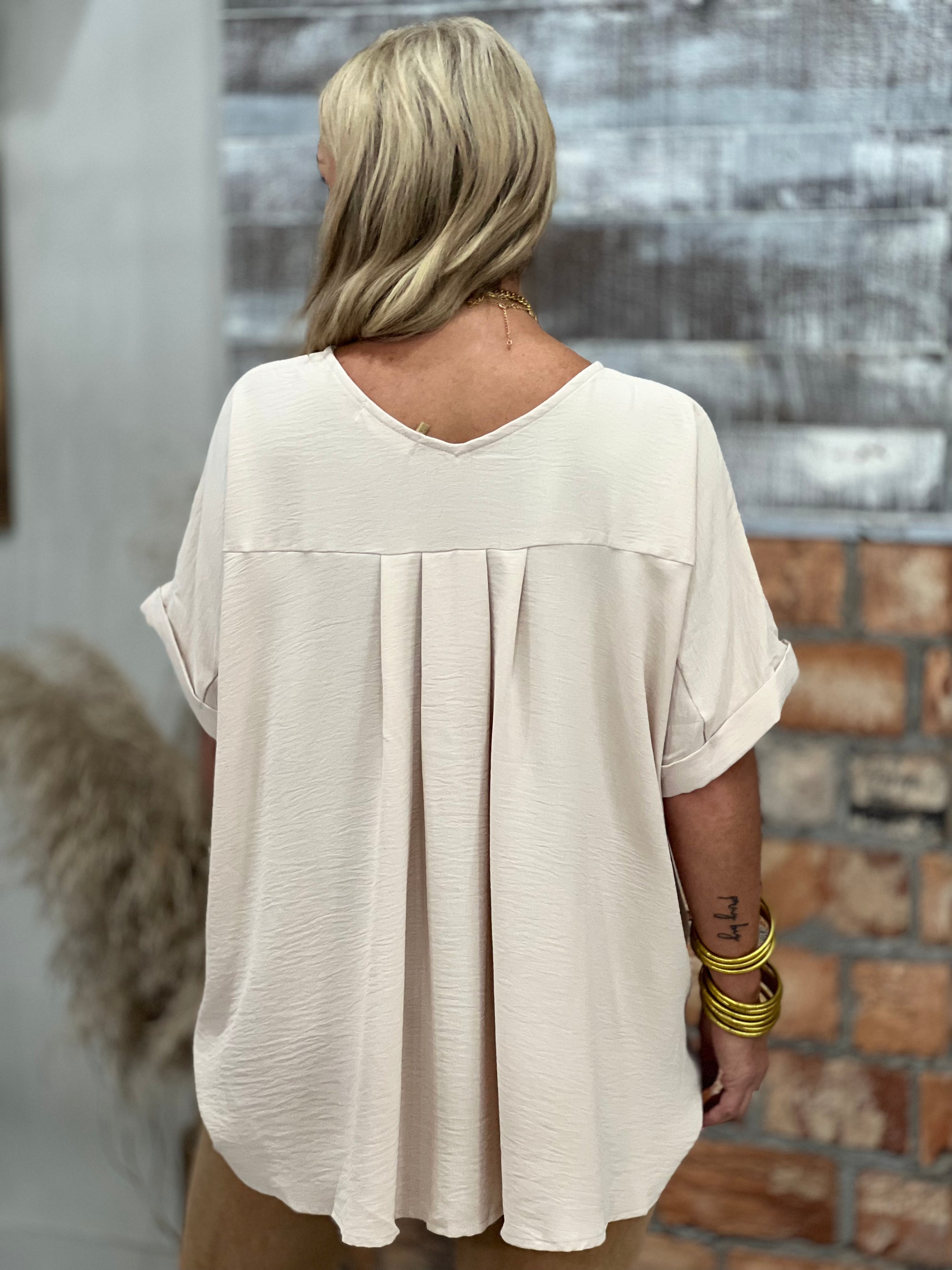 Solid Cuffed Sleeve Top in Oatmeal