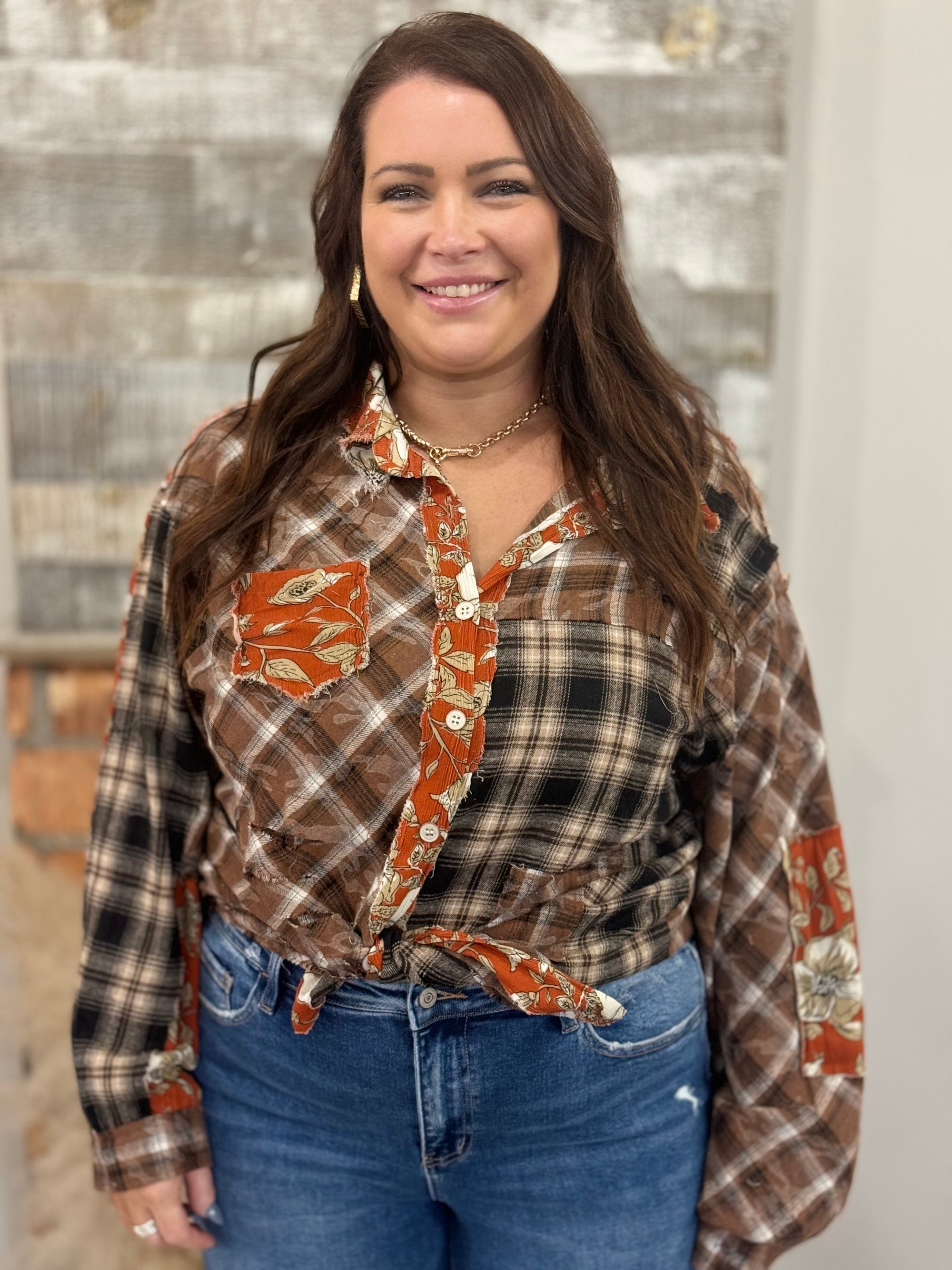 Vintage Plaid + Floral Colorblock Button Up Top