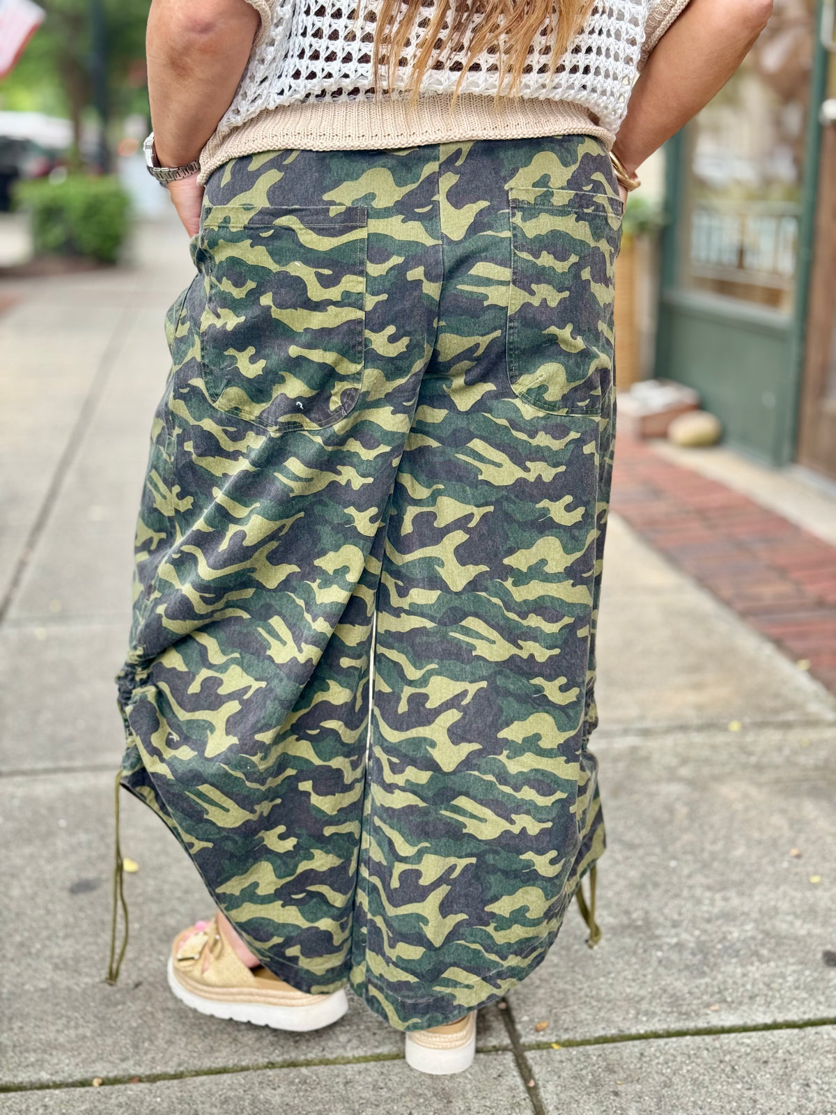Ruched Wide Leg Camo Pants