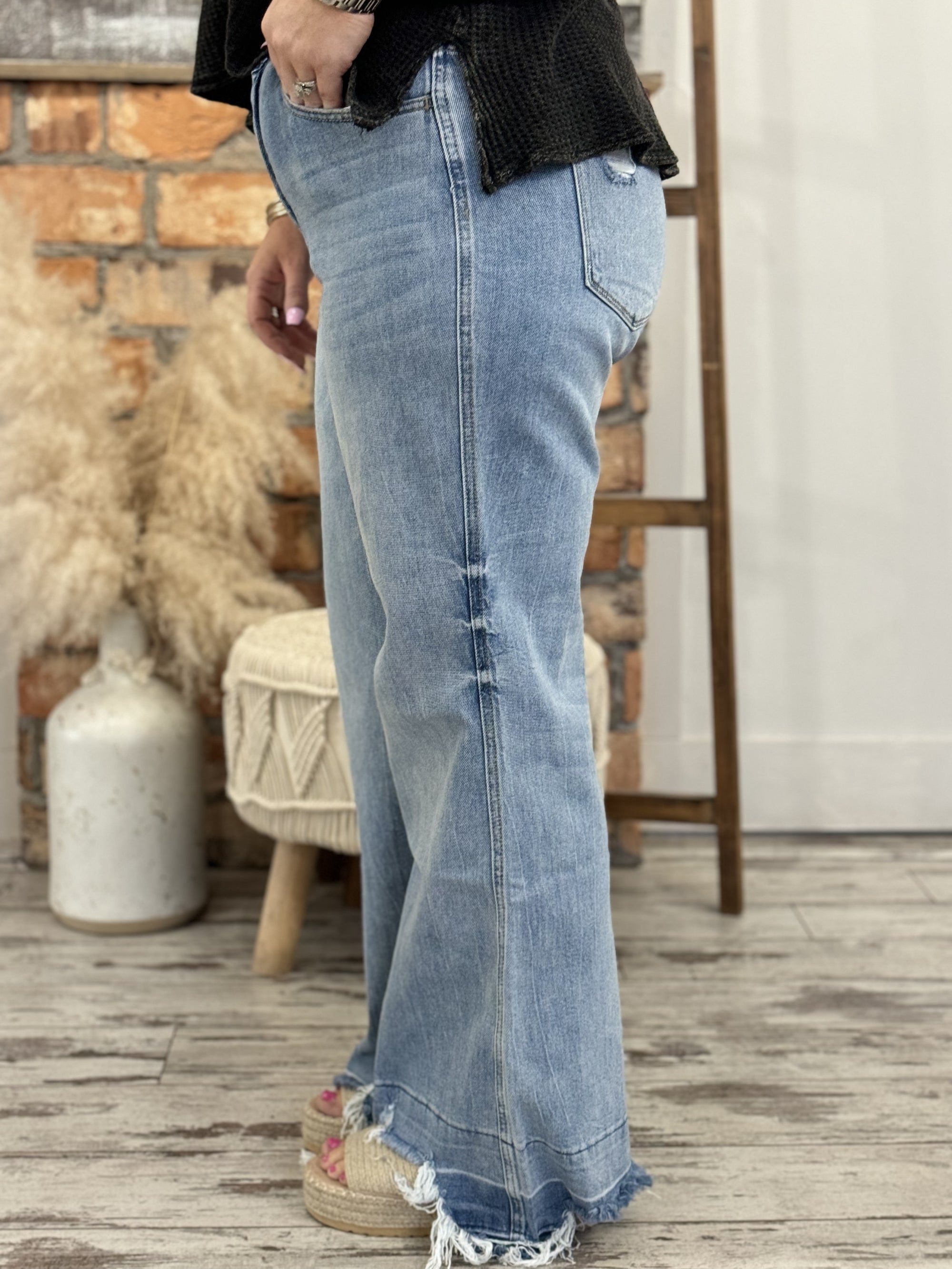 High Rise Destroyed Raw Hem Flare Jeans