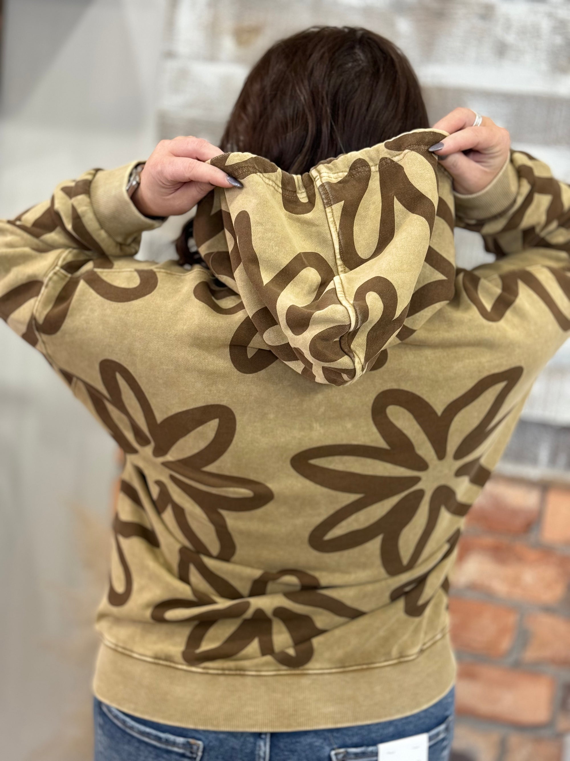 Floral Print Zip Up Hoodie | Brown