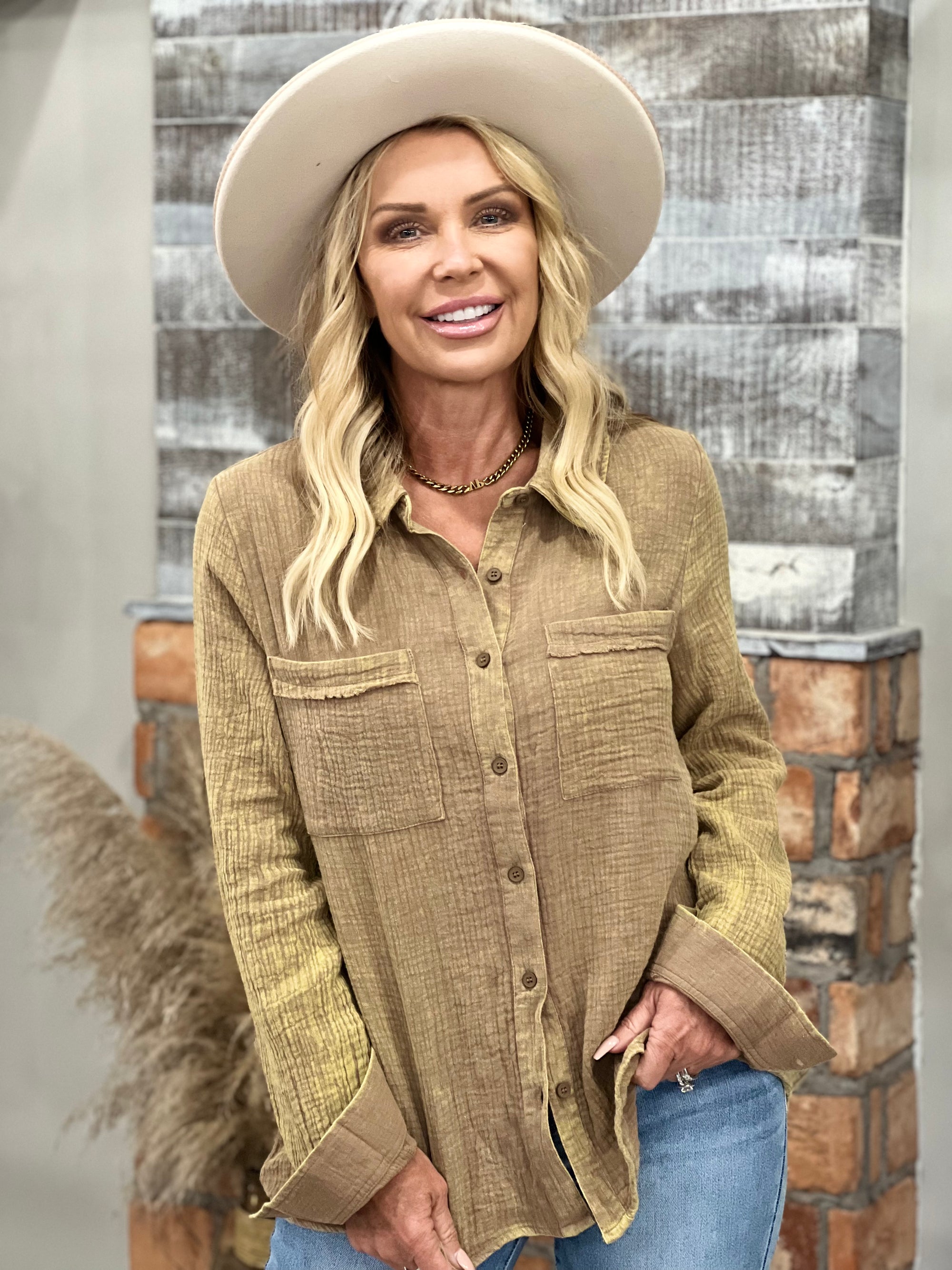 Gauze Button Down Top in Mocha
