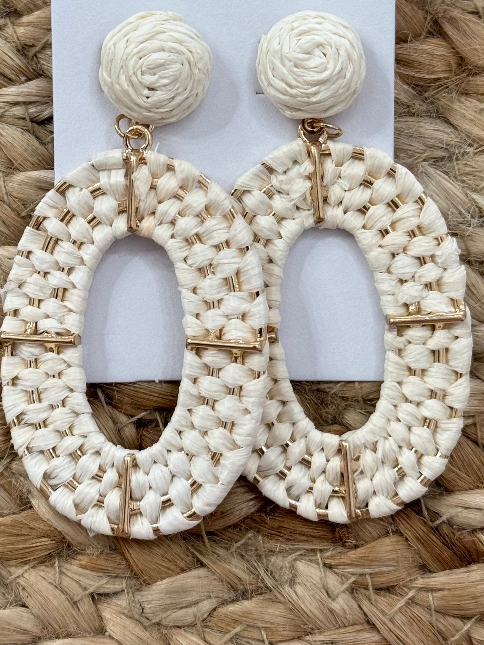 Raffia Oval Drop Earrings in Ivory