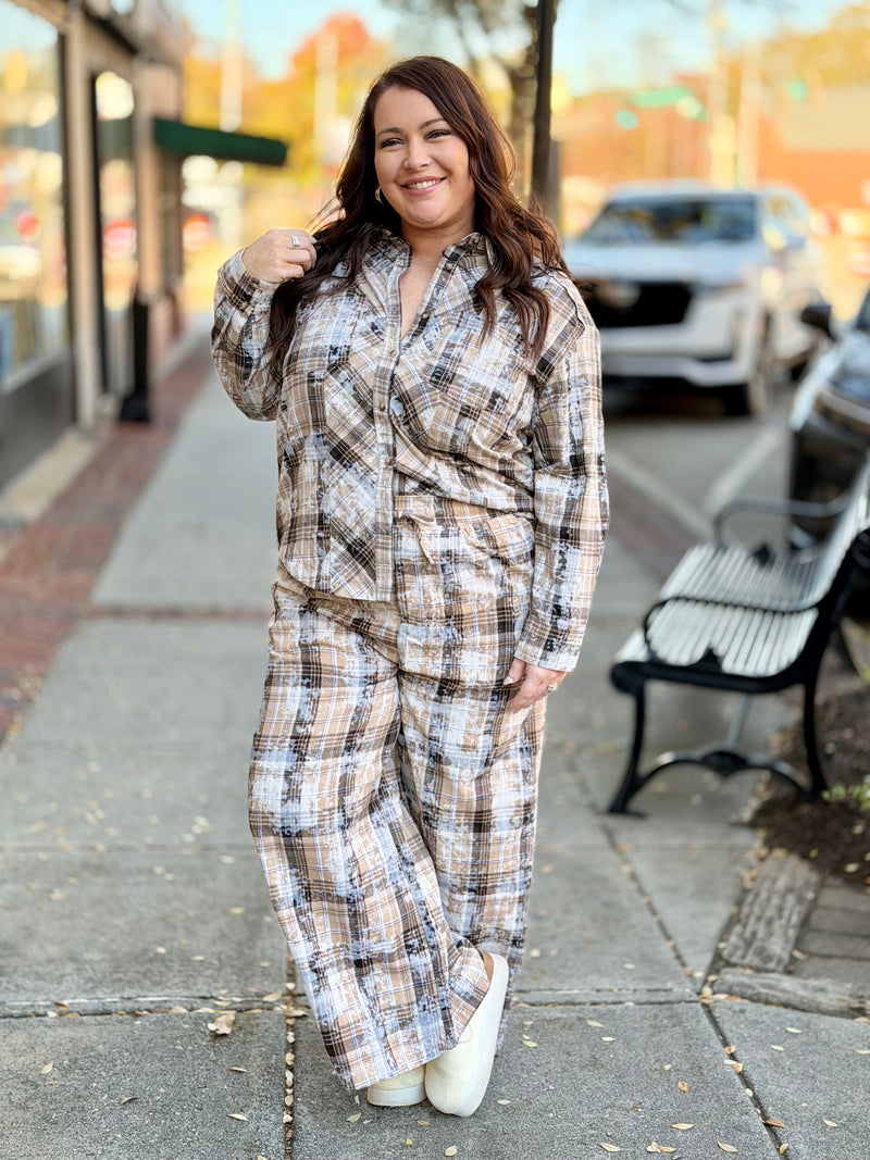 Plaid Bleach Splattered Wide Leg Pants