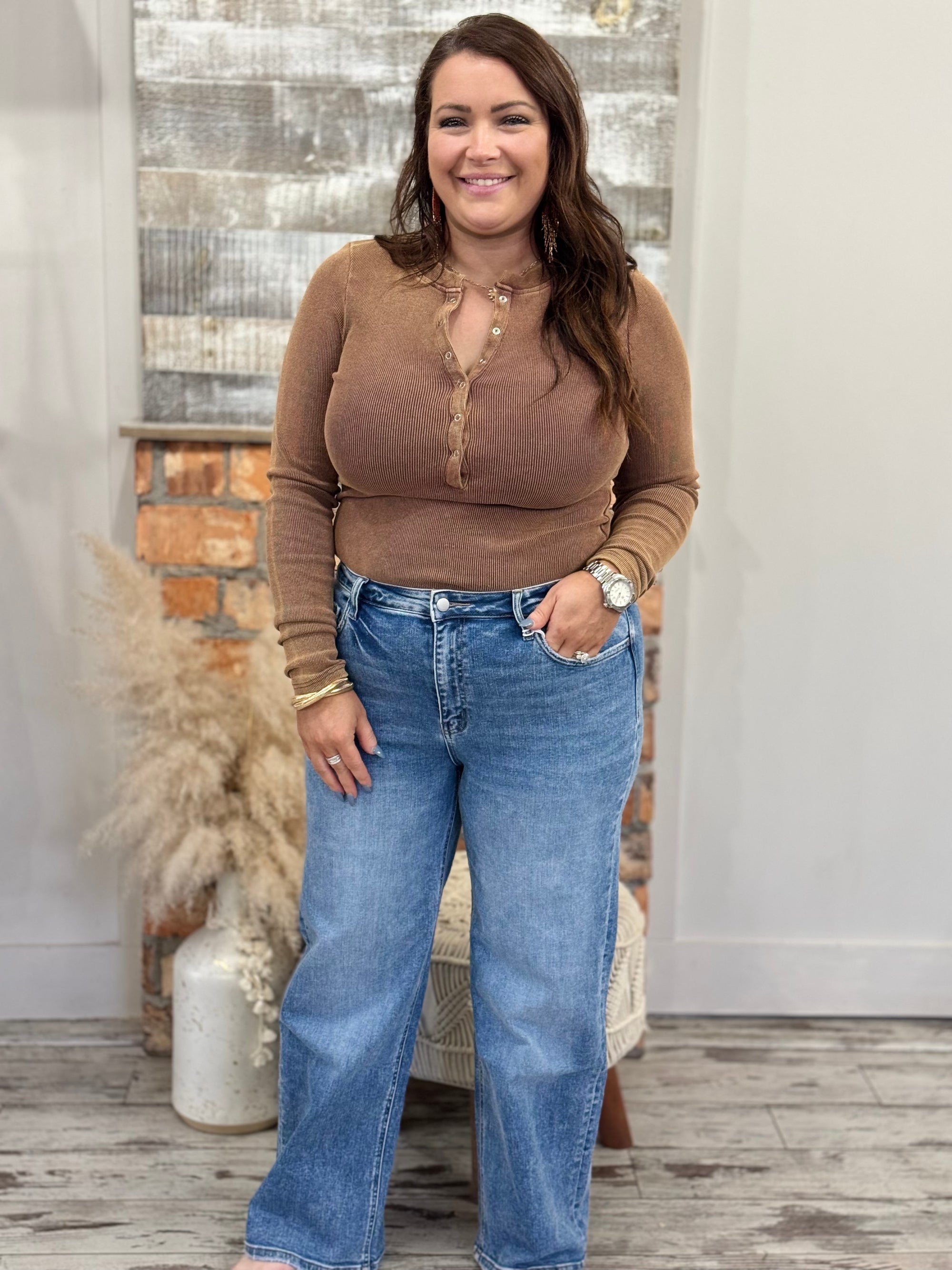 Washed Henley Bodysuit in Brown