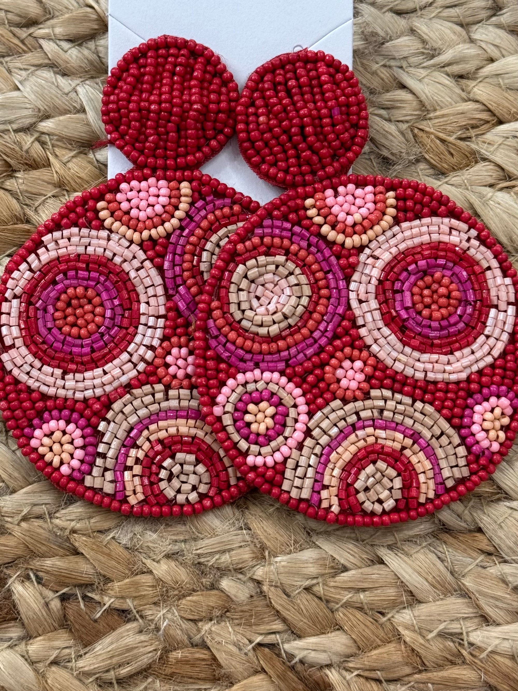 Floral Beaded Circle Earrings in Red