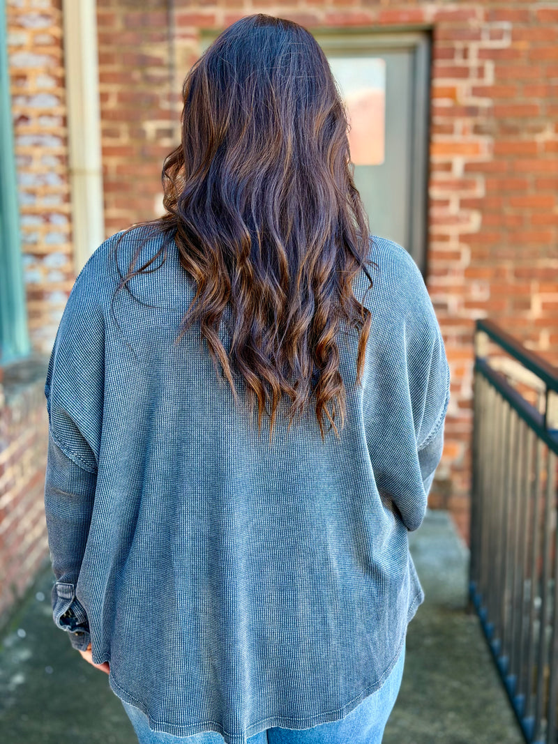 Washed Waffle Henley Top | Black