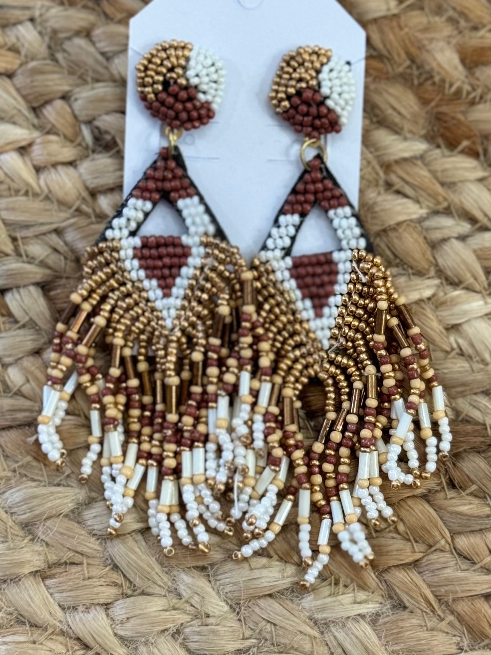 Rhombus Beaded Tassel Earrings in Ivory