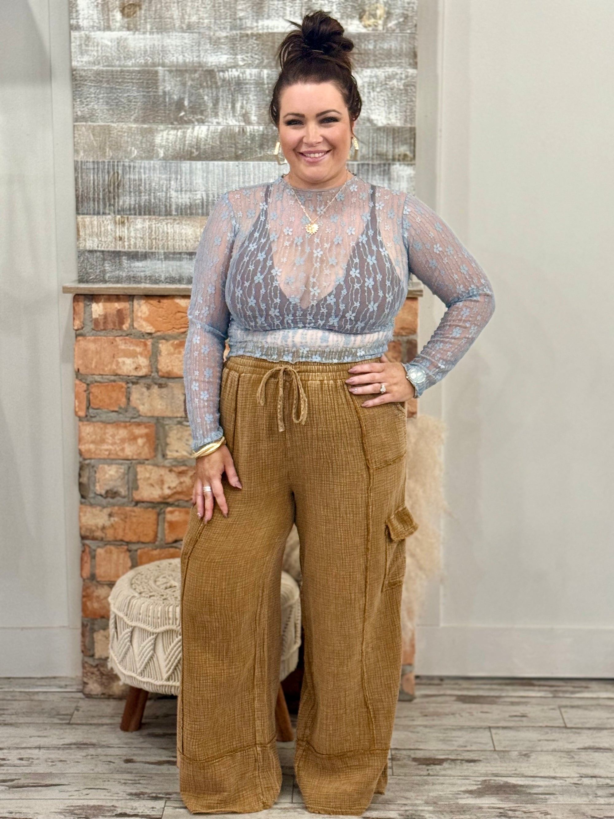 Sheer Floral Lace Layering Top in Dusty Blue