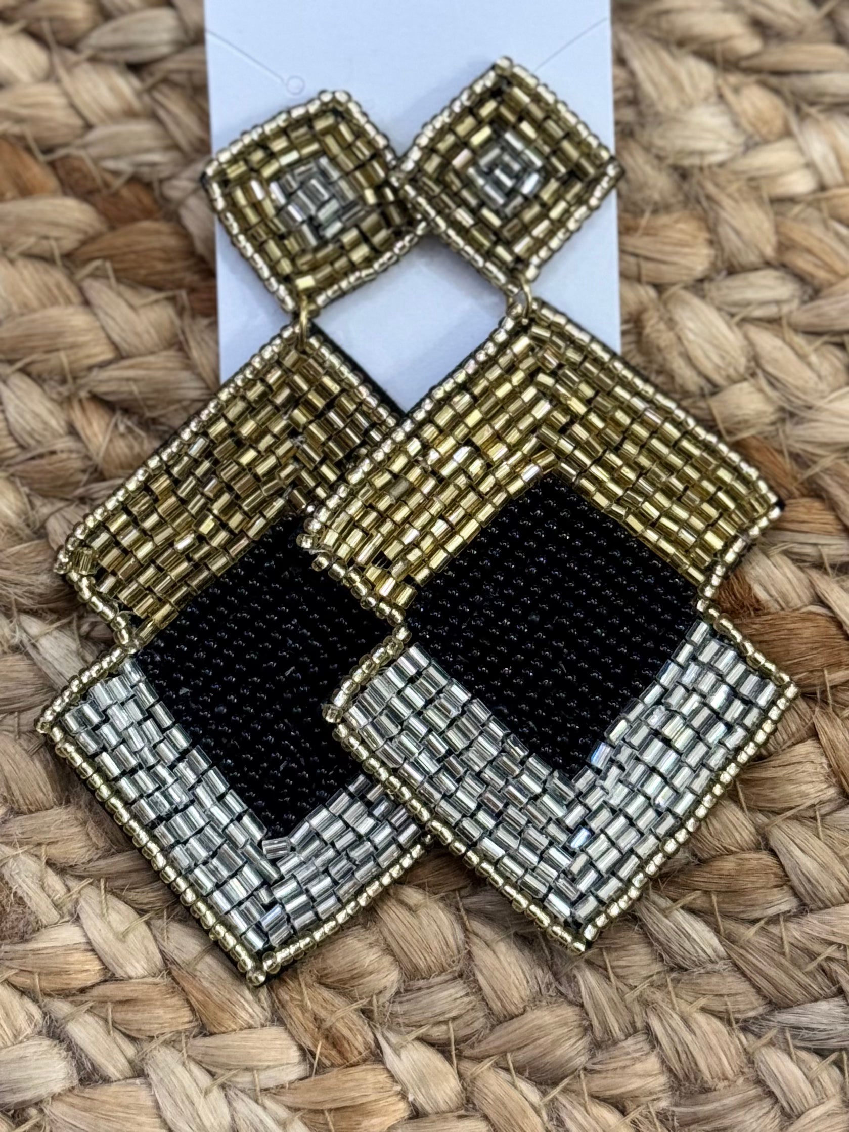 Geometric Square Beaded Earrings in Black