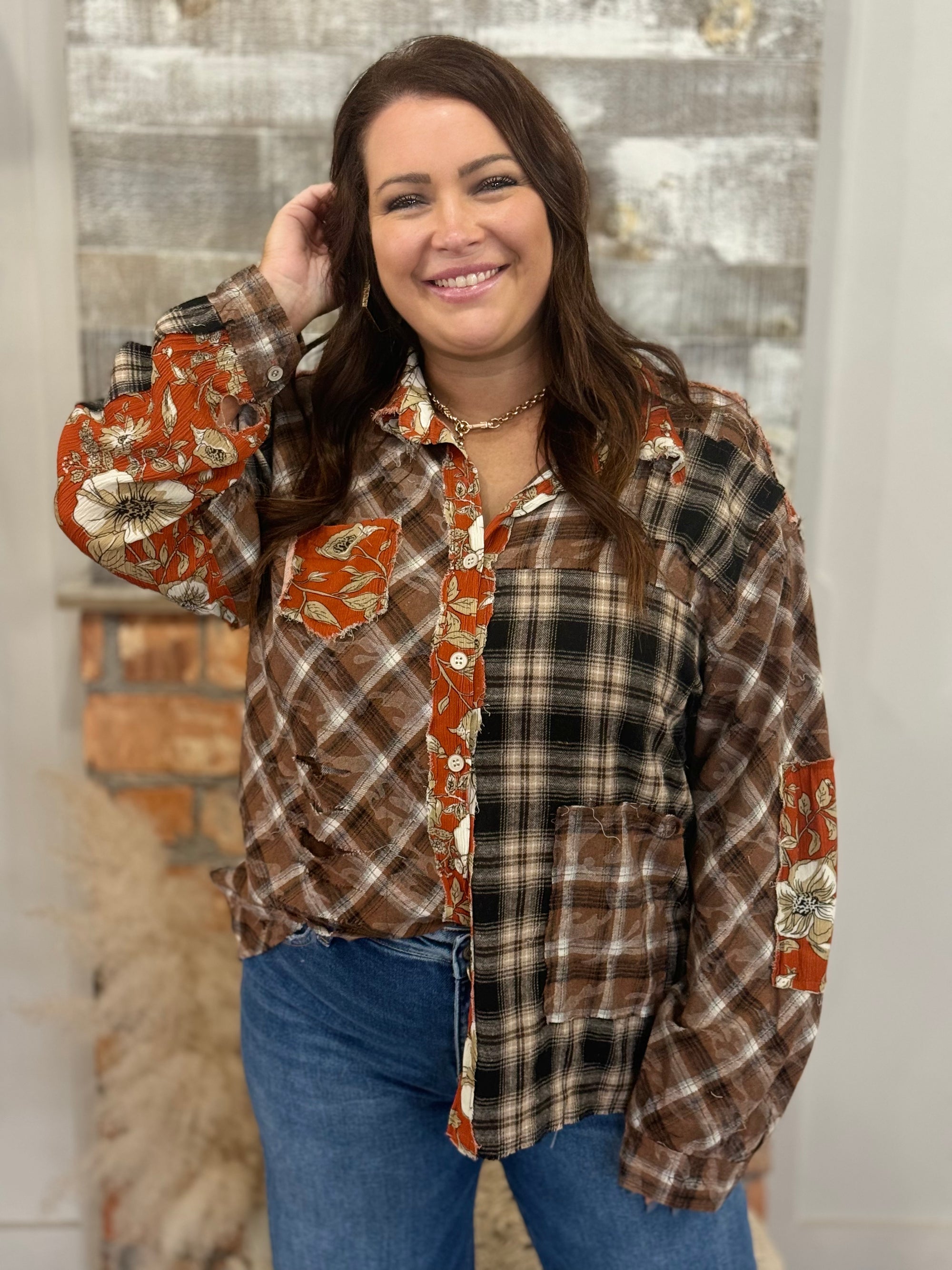 Vintage Plaid + Floral Colorblock Button Up Top