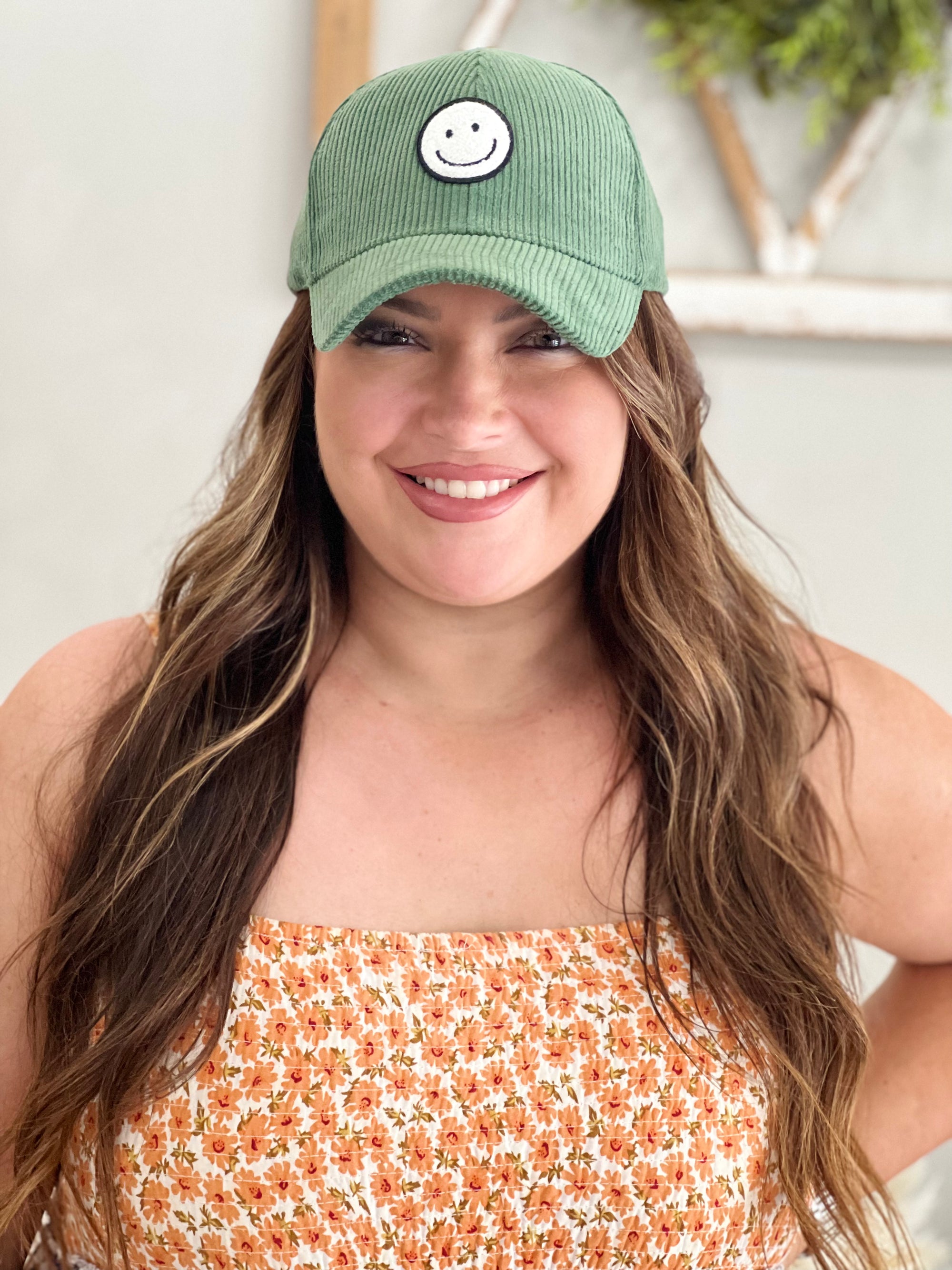 Corduroy Smiley Face Baseball Cap in Sage