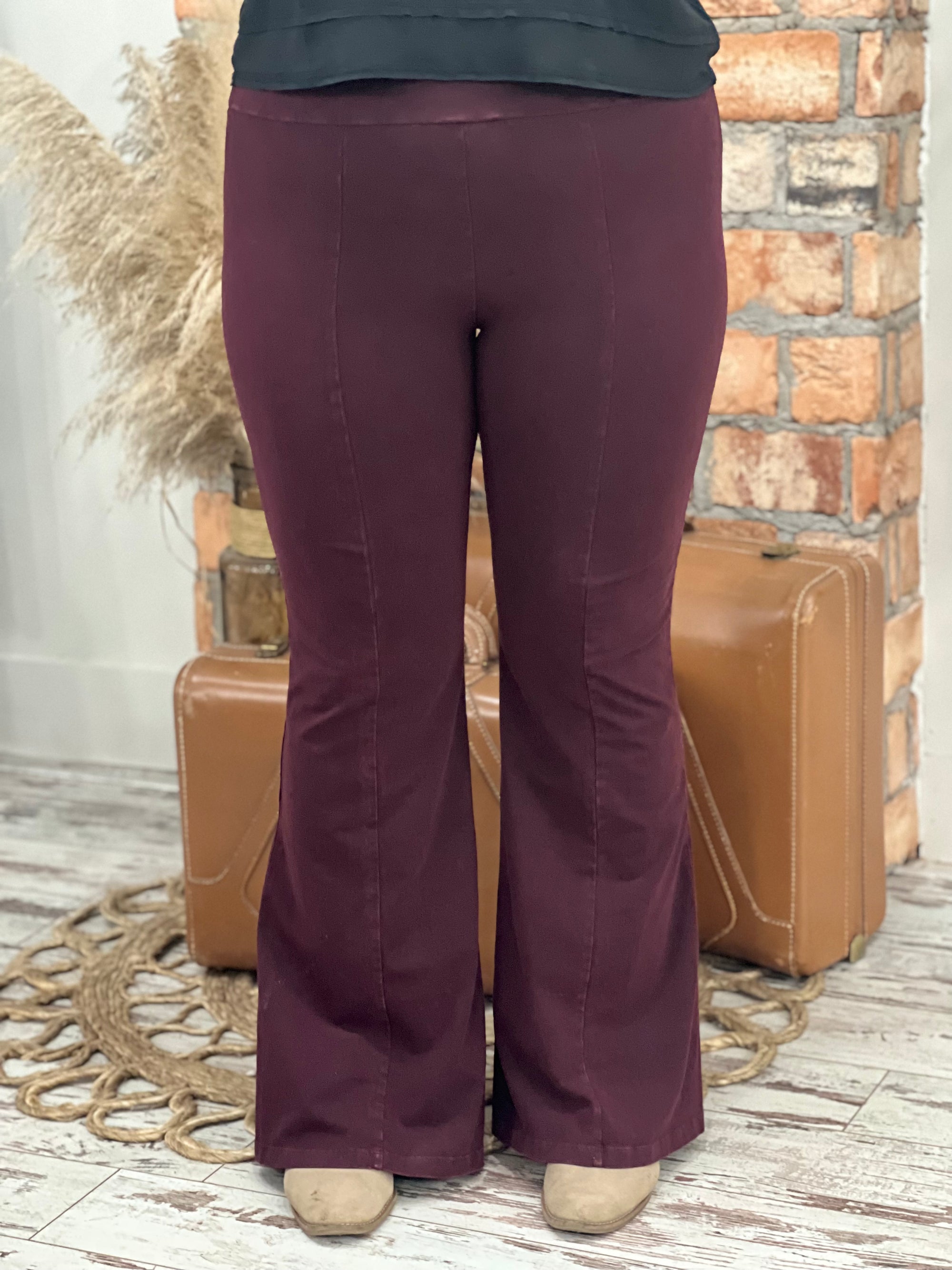 Washed Bell Bottom Front Seam Flare Pants in Burgundy