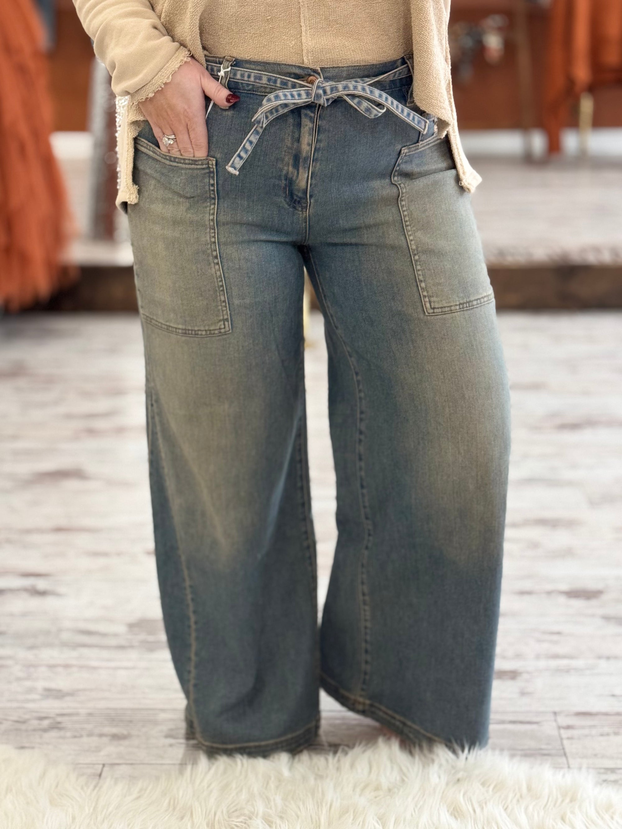 High Rise Belted Wide Leg Jeans