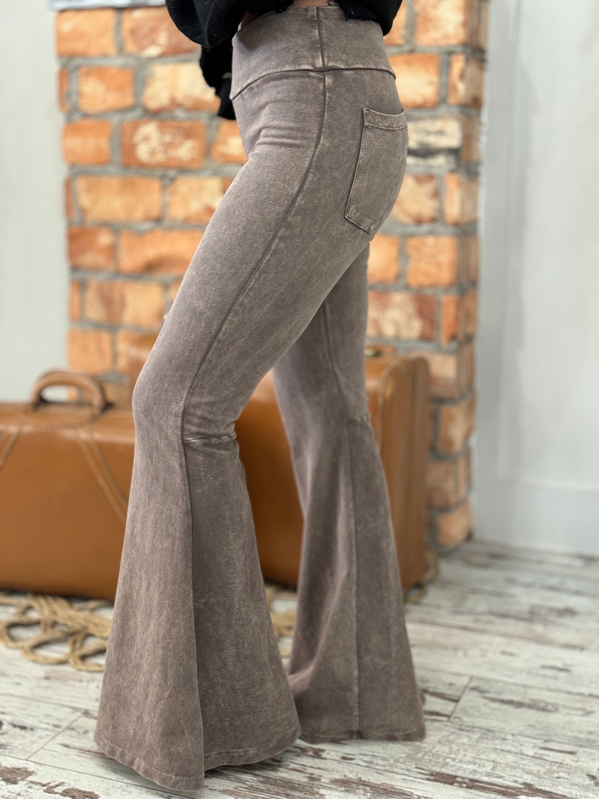 Washed Bell Bottom Flare Pants with Pockets in Taupe