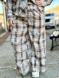 Plaid Bleach Splattered Wide Leg Pants