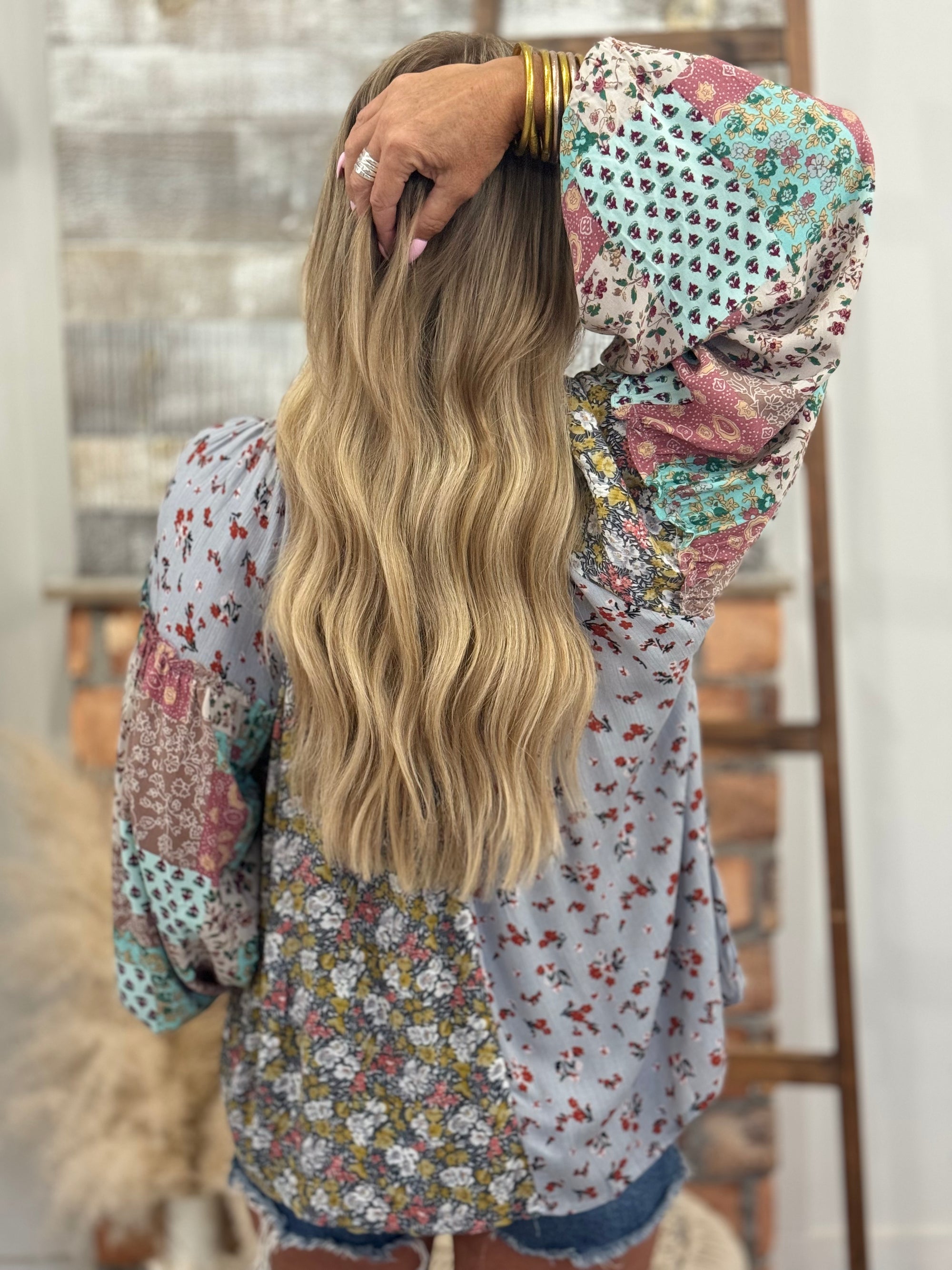 Boho Mixed Print Balloon Sleeve Top