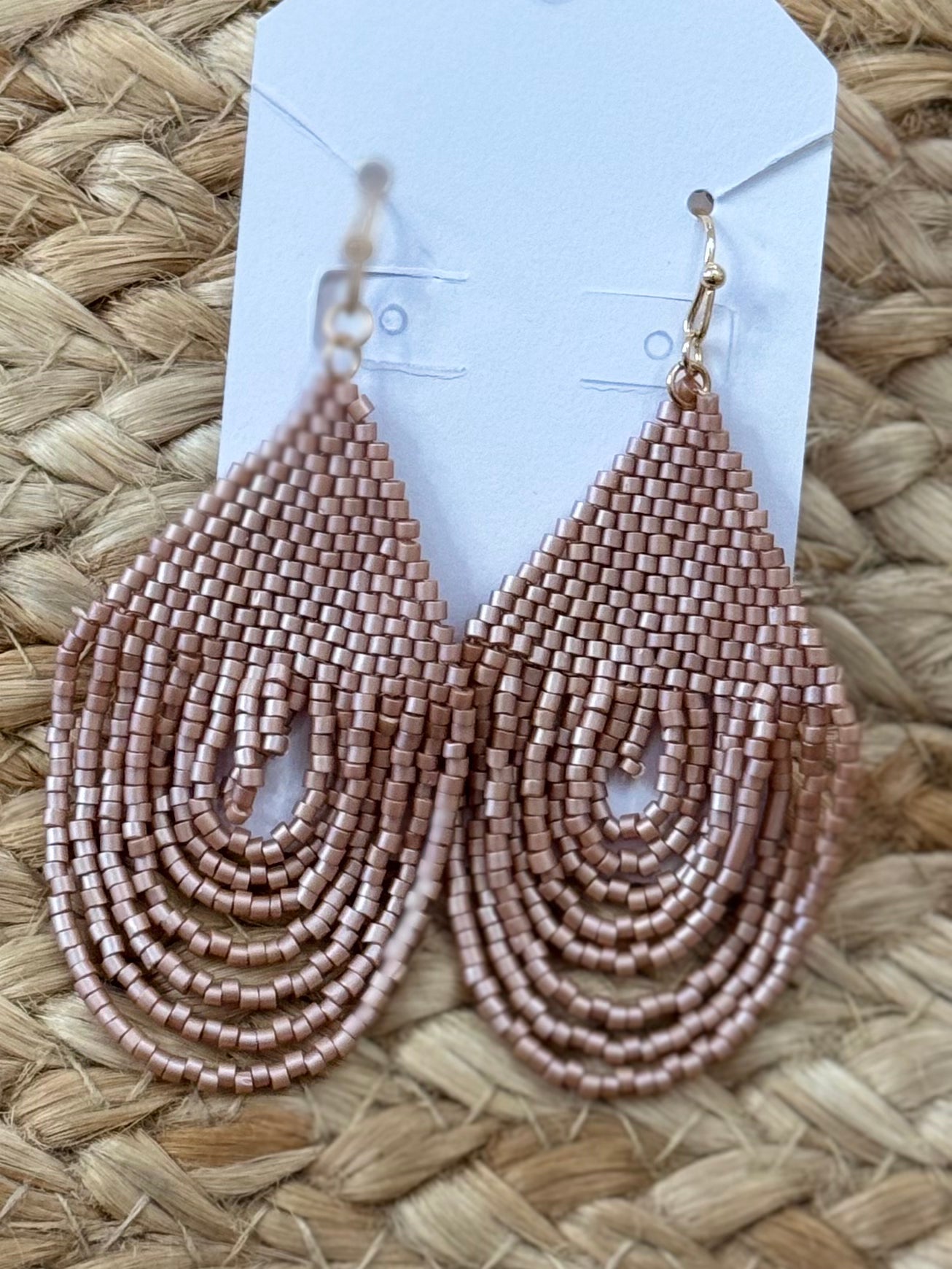 Rounded Seed Bead Tassel Earrings in Light Brown