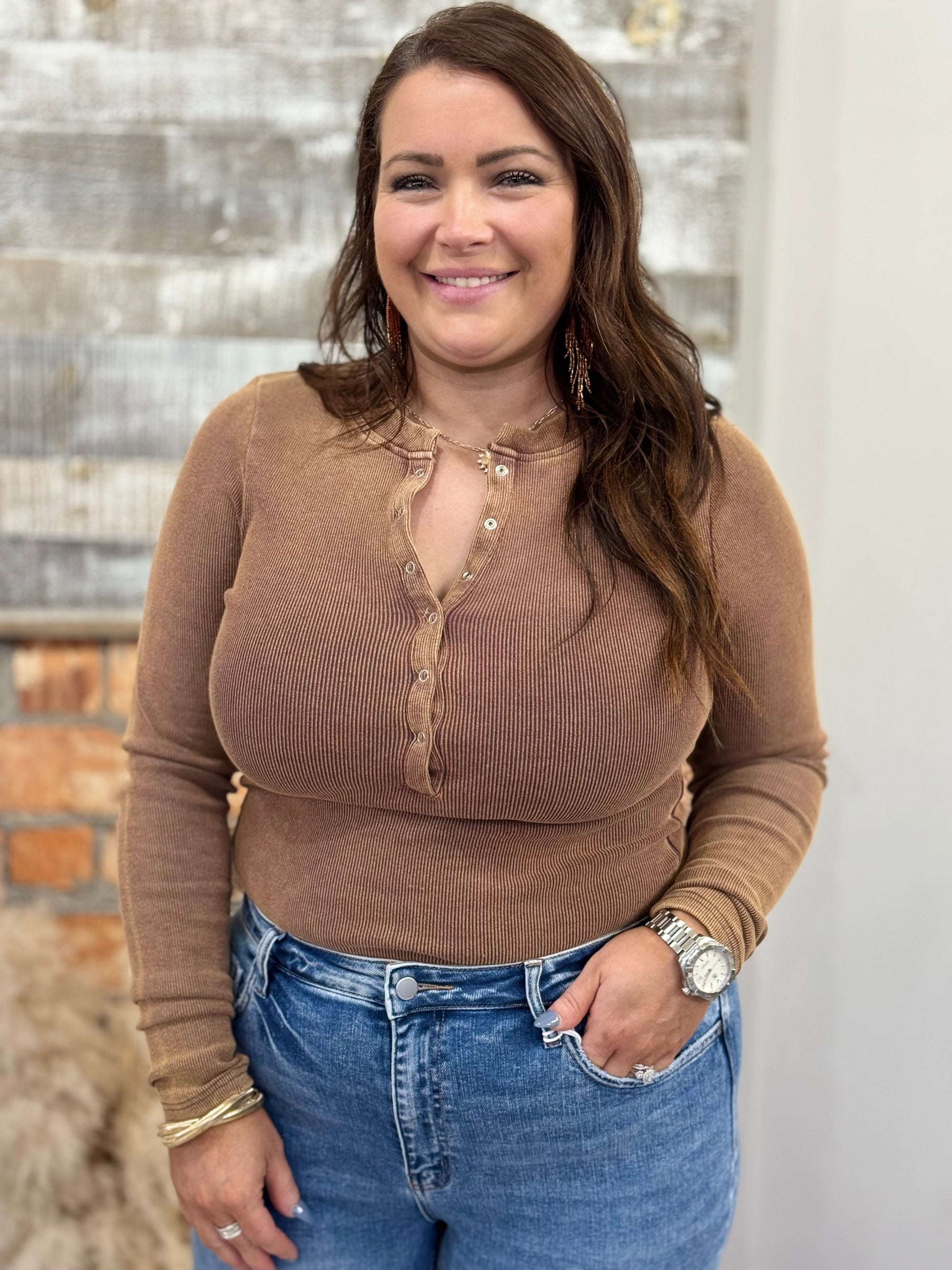 Washed Henley Bodysuit in Brown