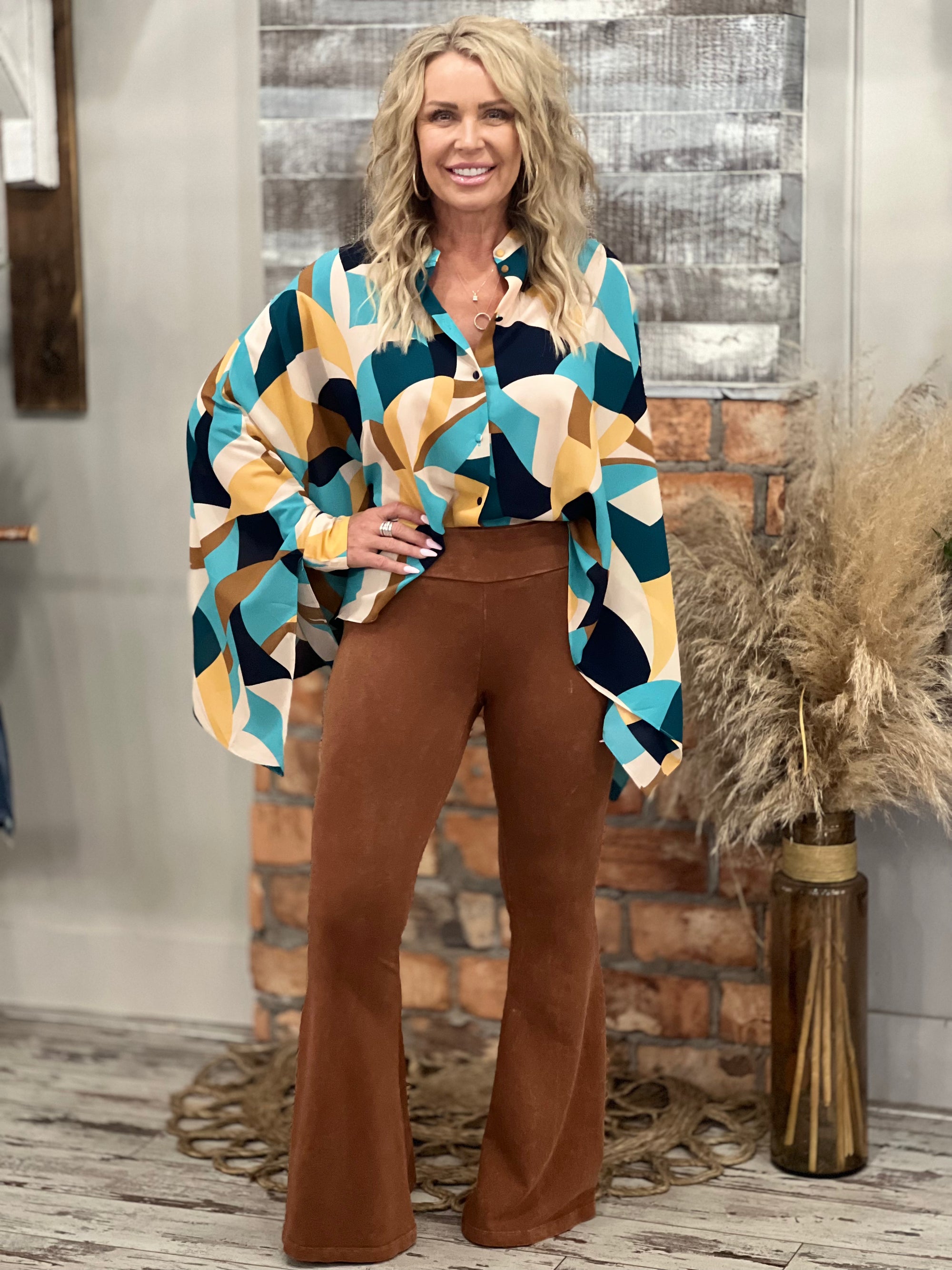 Abstract Print Button Up Dolman Sleeve Top