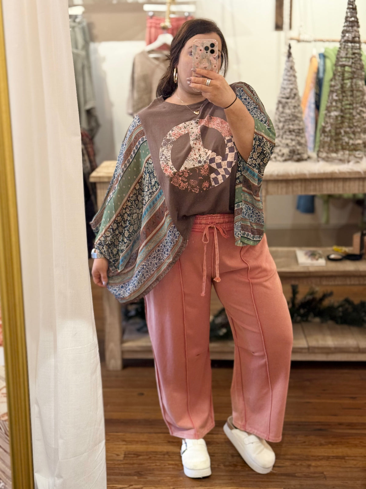 Boho Mixed Print Peace Poncho Top