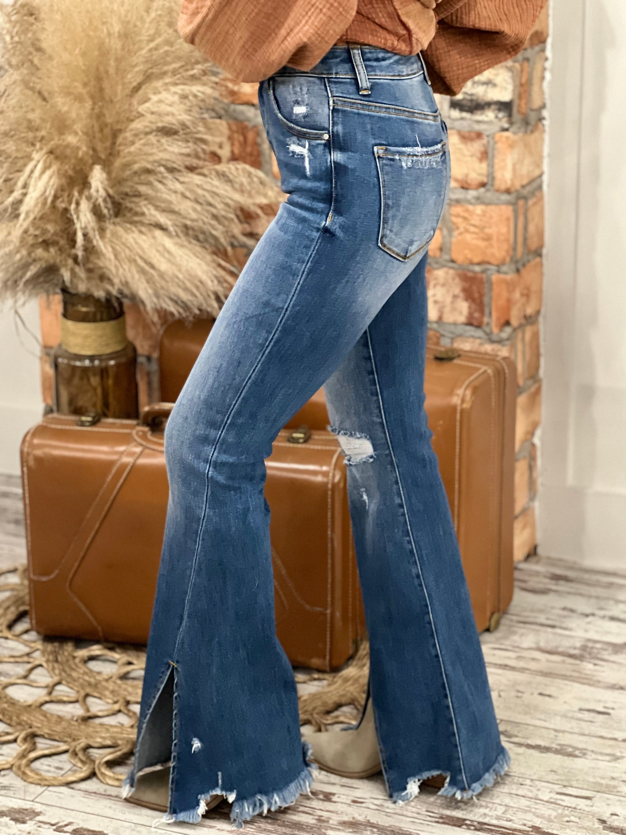 High Rise Front Slit Flare Jeans