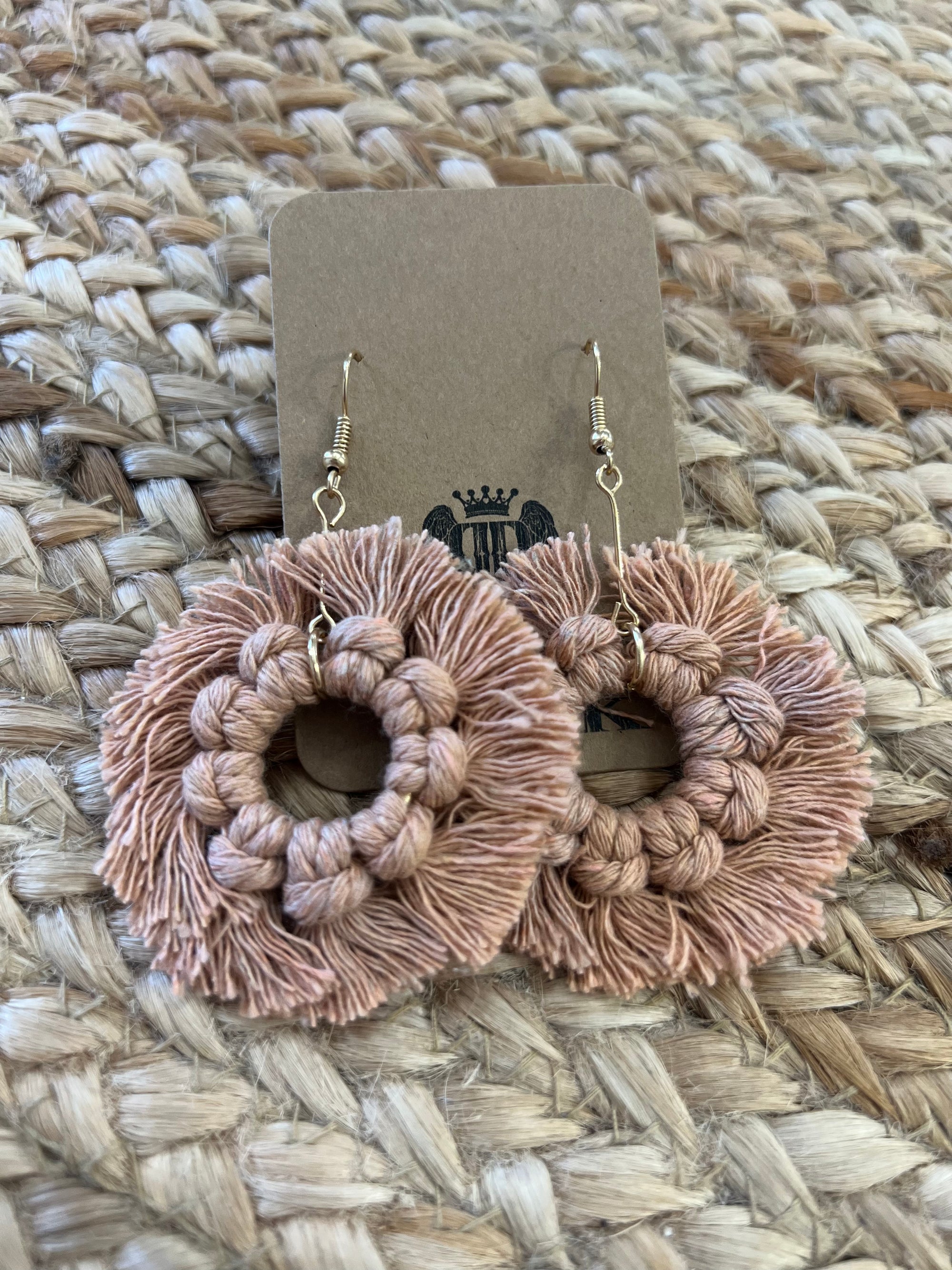 Woven Circle Tassel Earrings in Light Brown