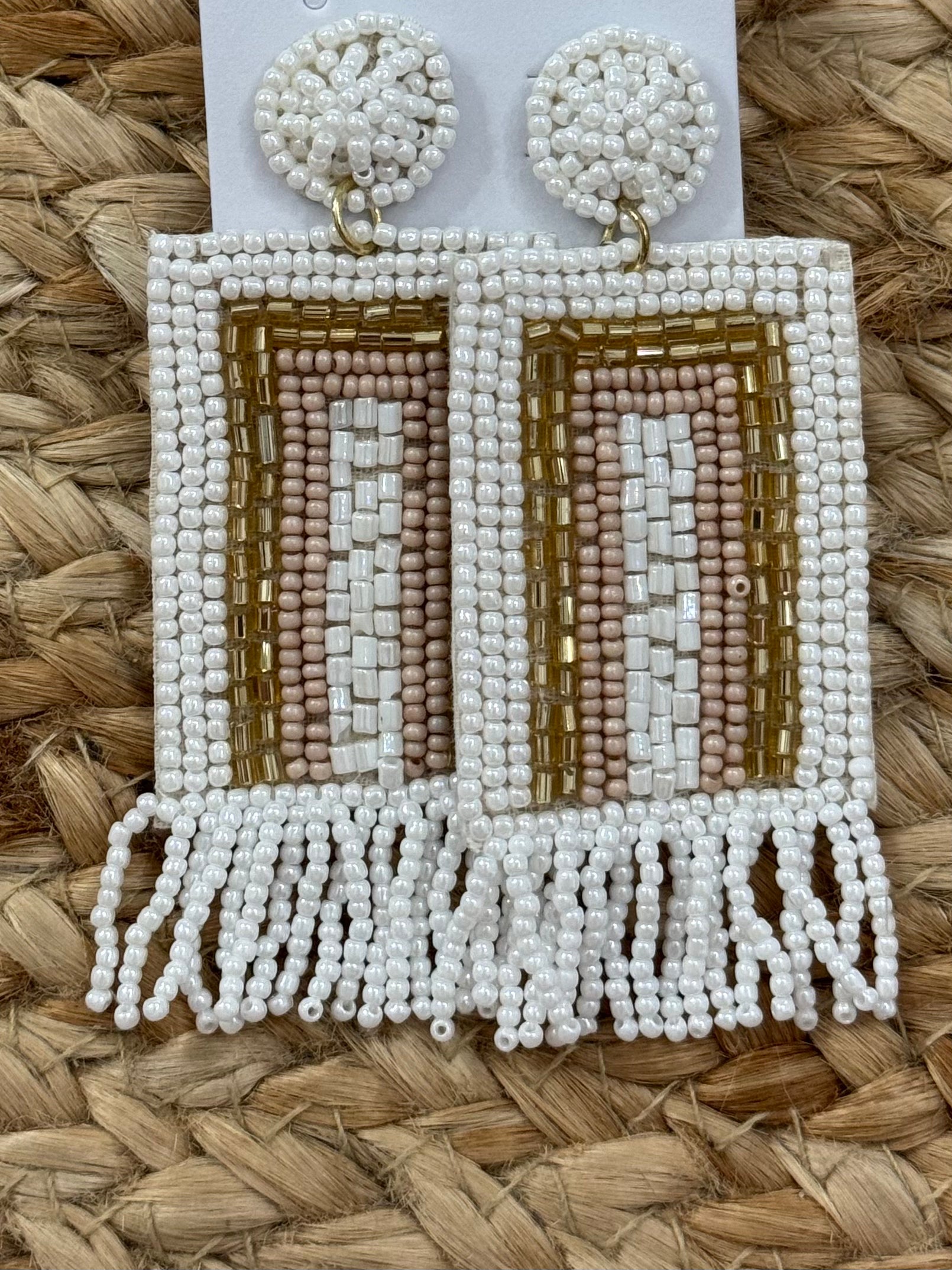 Beaded Square Tassel Earrings in White