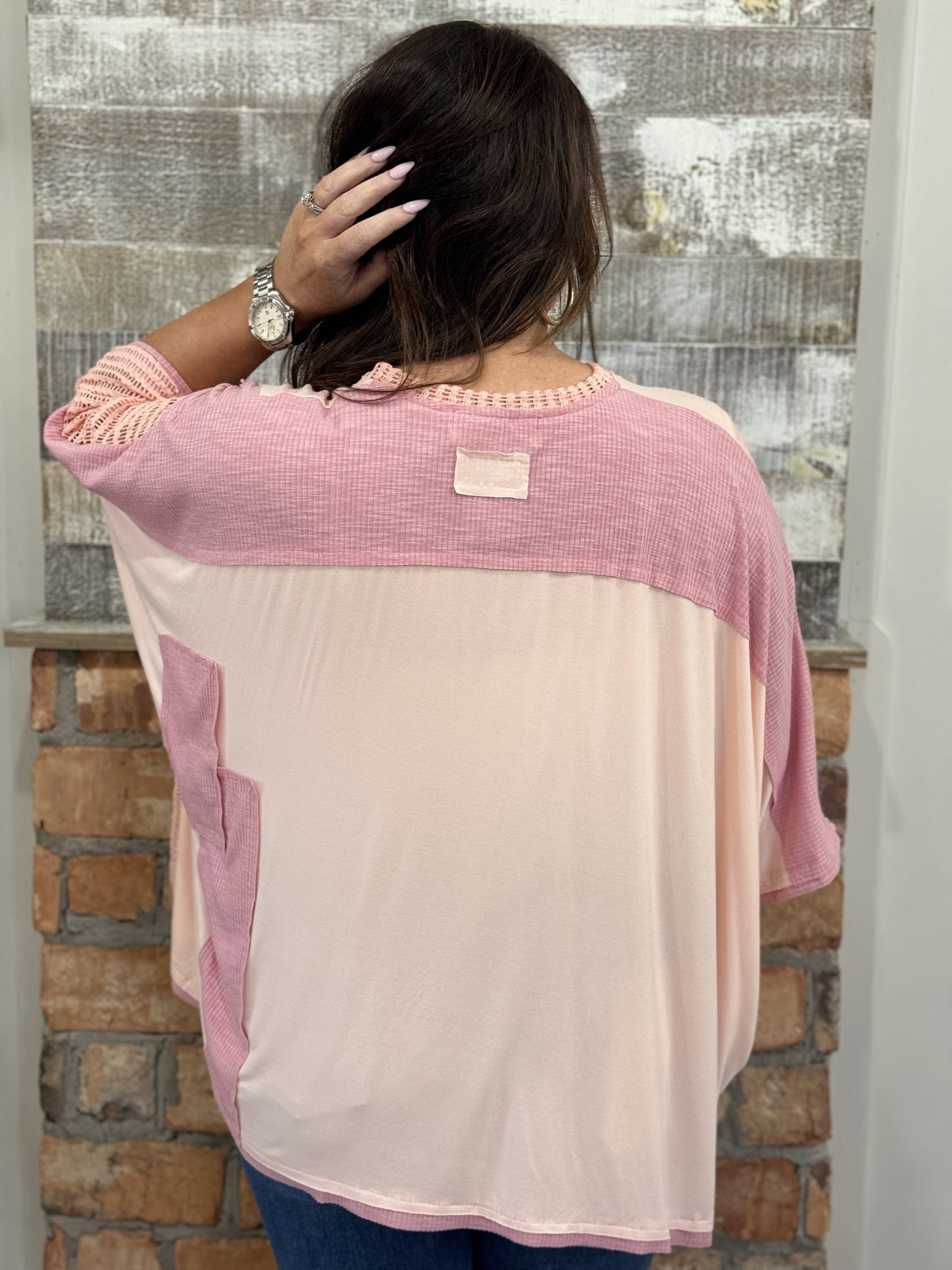 Oversized High Low Mixed Fabric Top in Peach