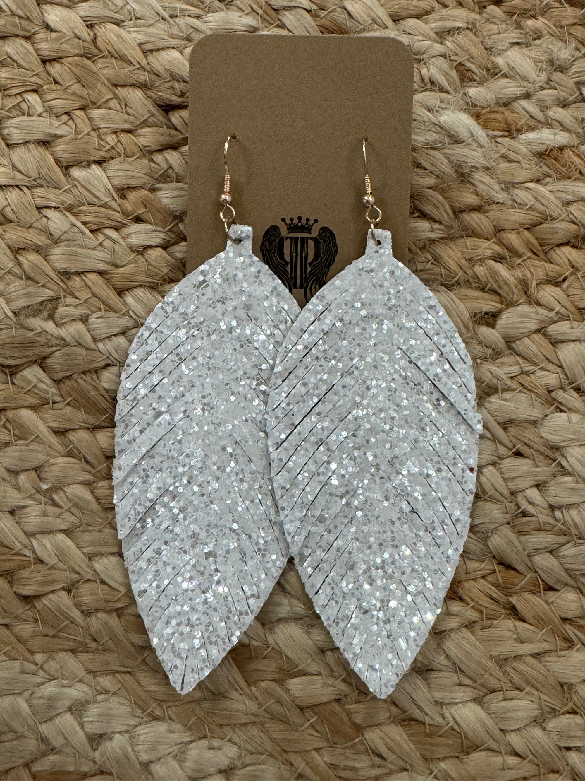 Glitter Leather Feather Earrings in White
