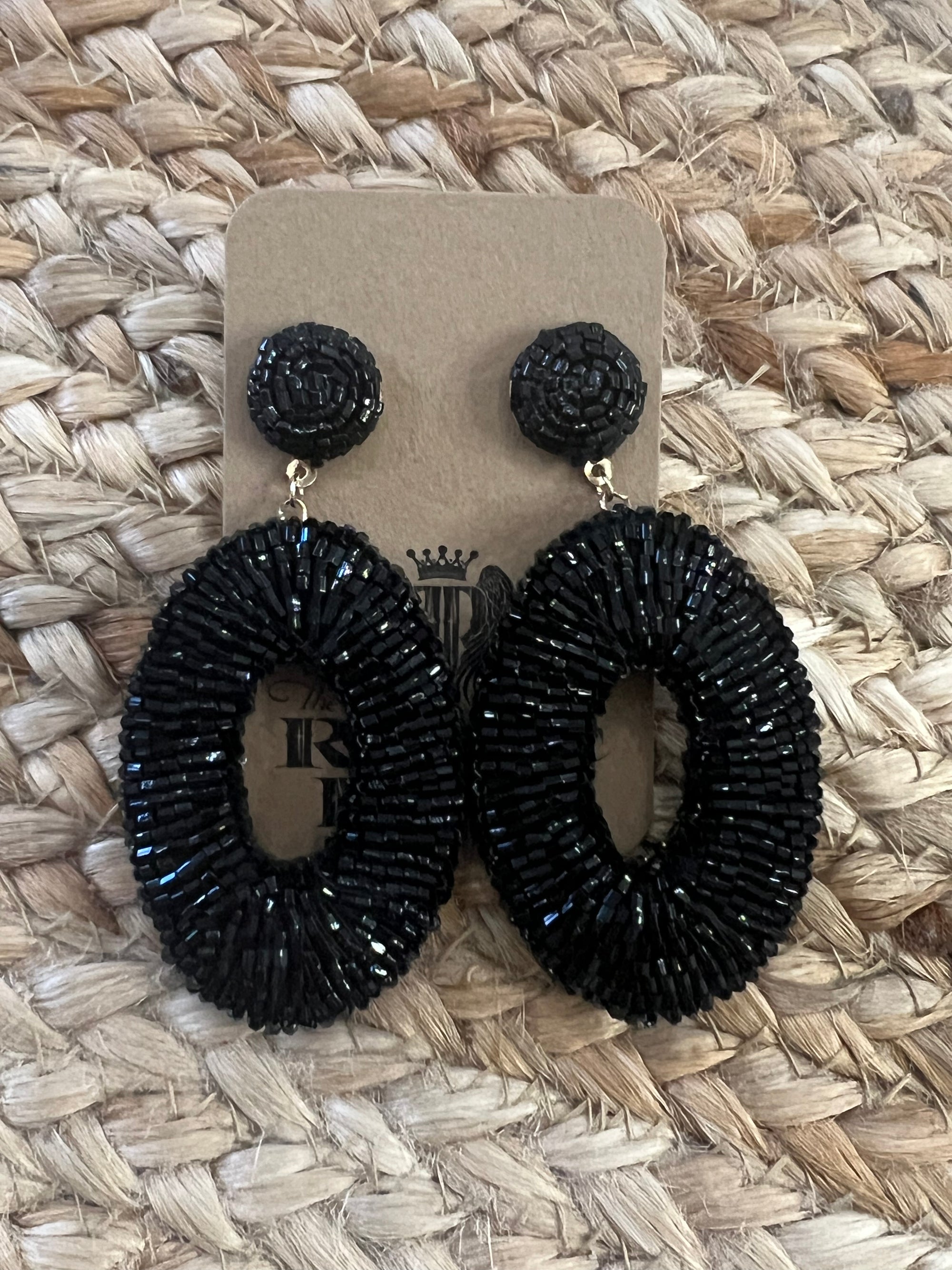 Beaded Oval Earrings in Black