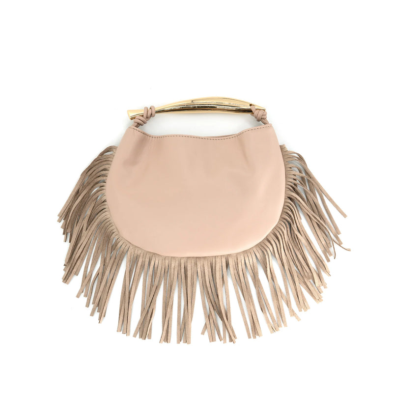 Gold Handle Fringe Purse | Beige