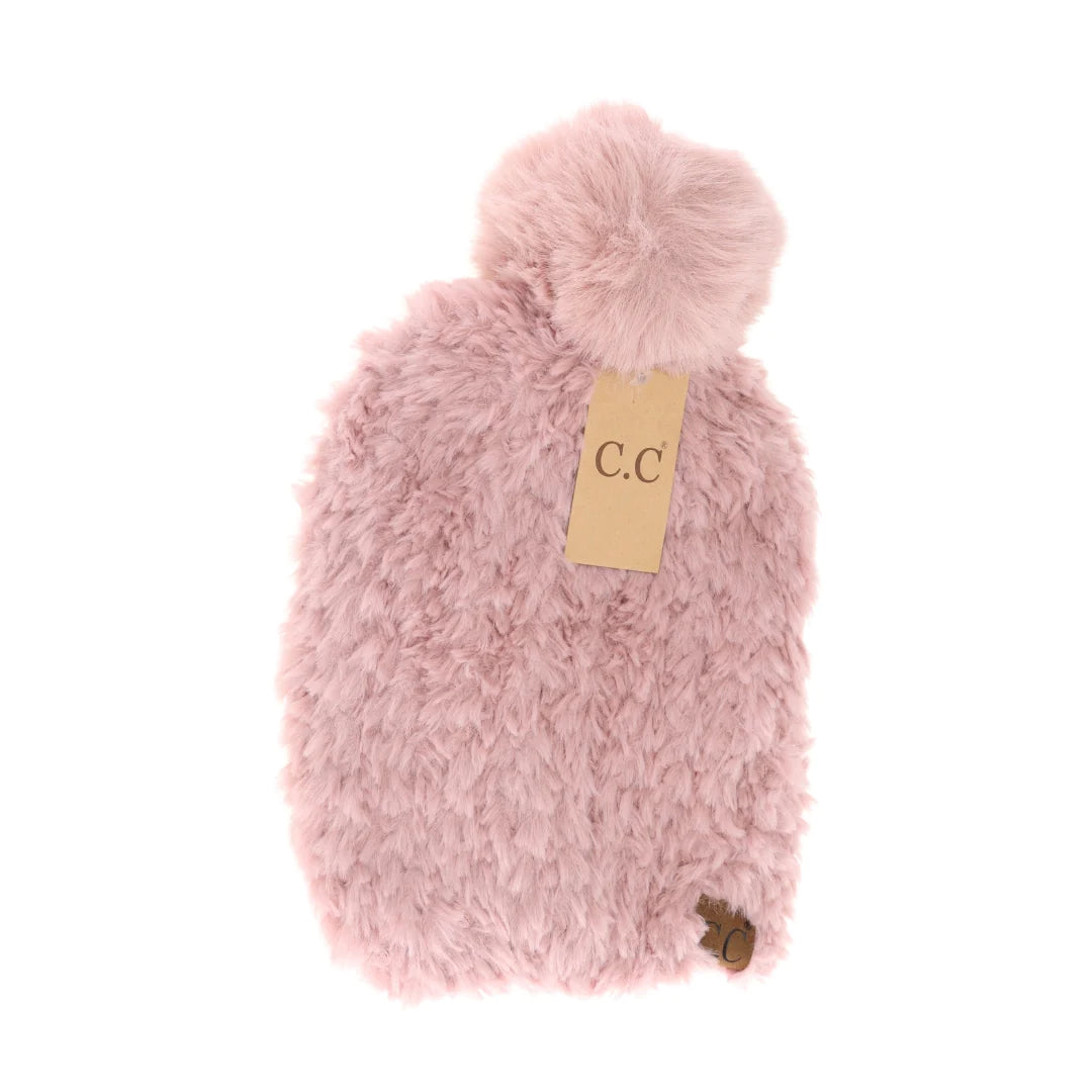 Solid Faux Fur Beanie in Rose