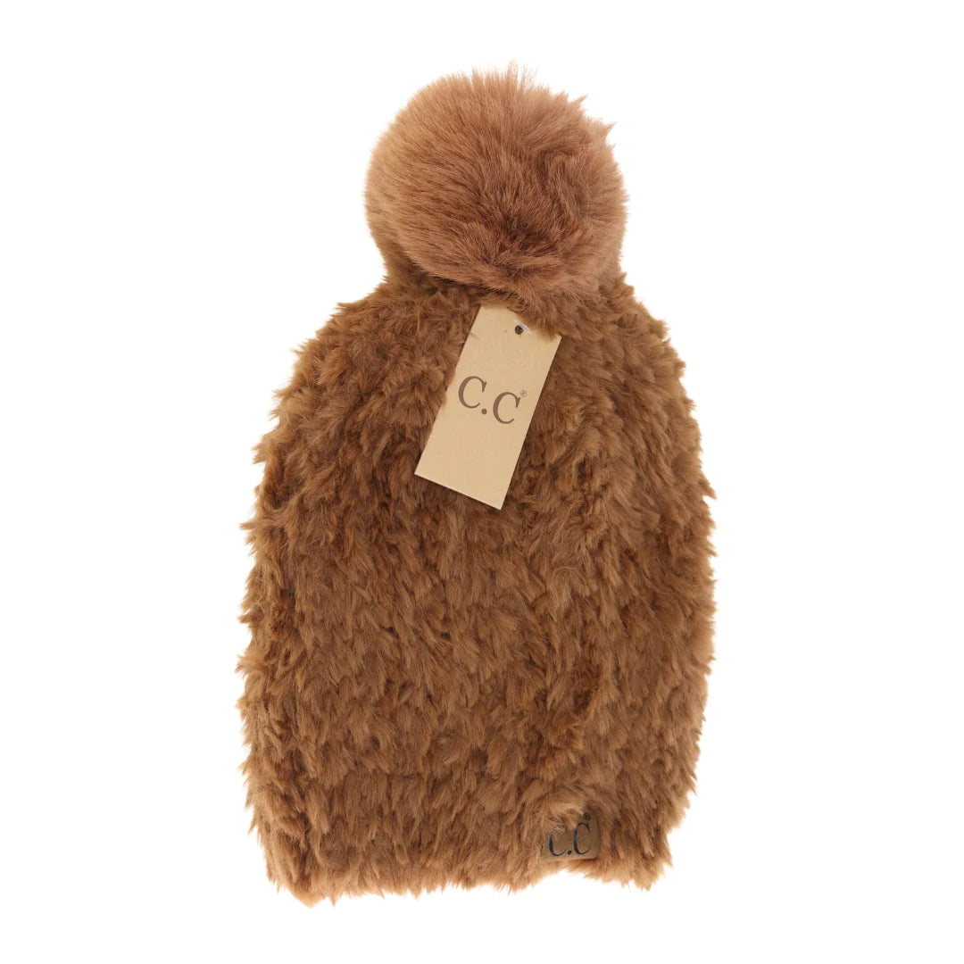 Solid Faux Fur Beanie in Brown