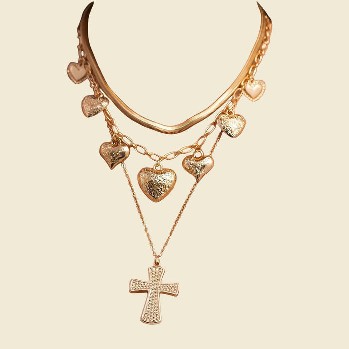 Multi Layer Cross + Heart Necklace