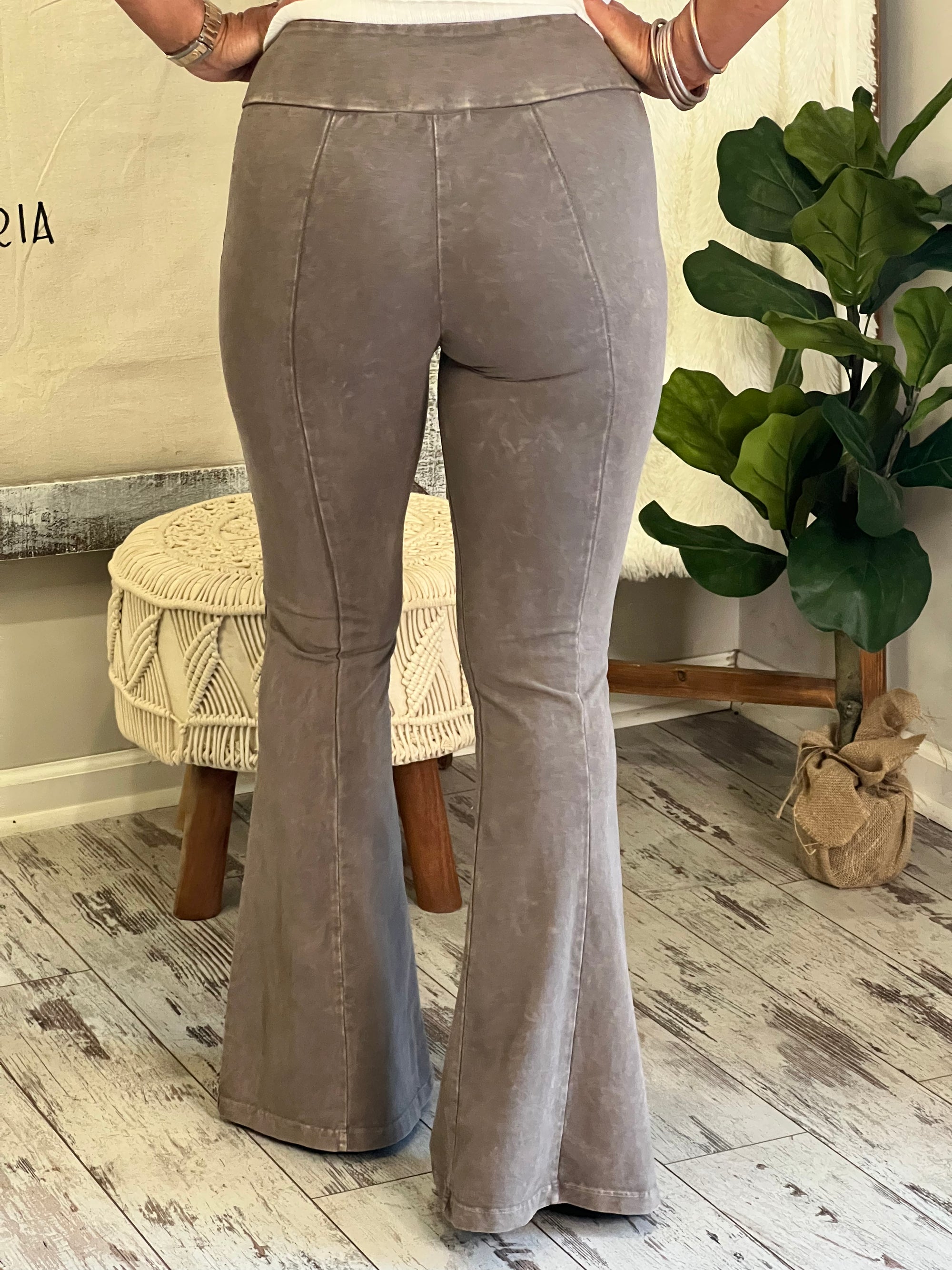 Washed Bell Bottom Front Seam Flare Pants in Taupe