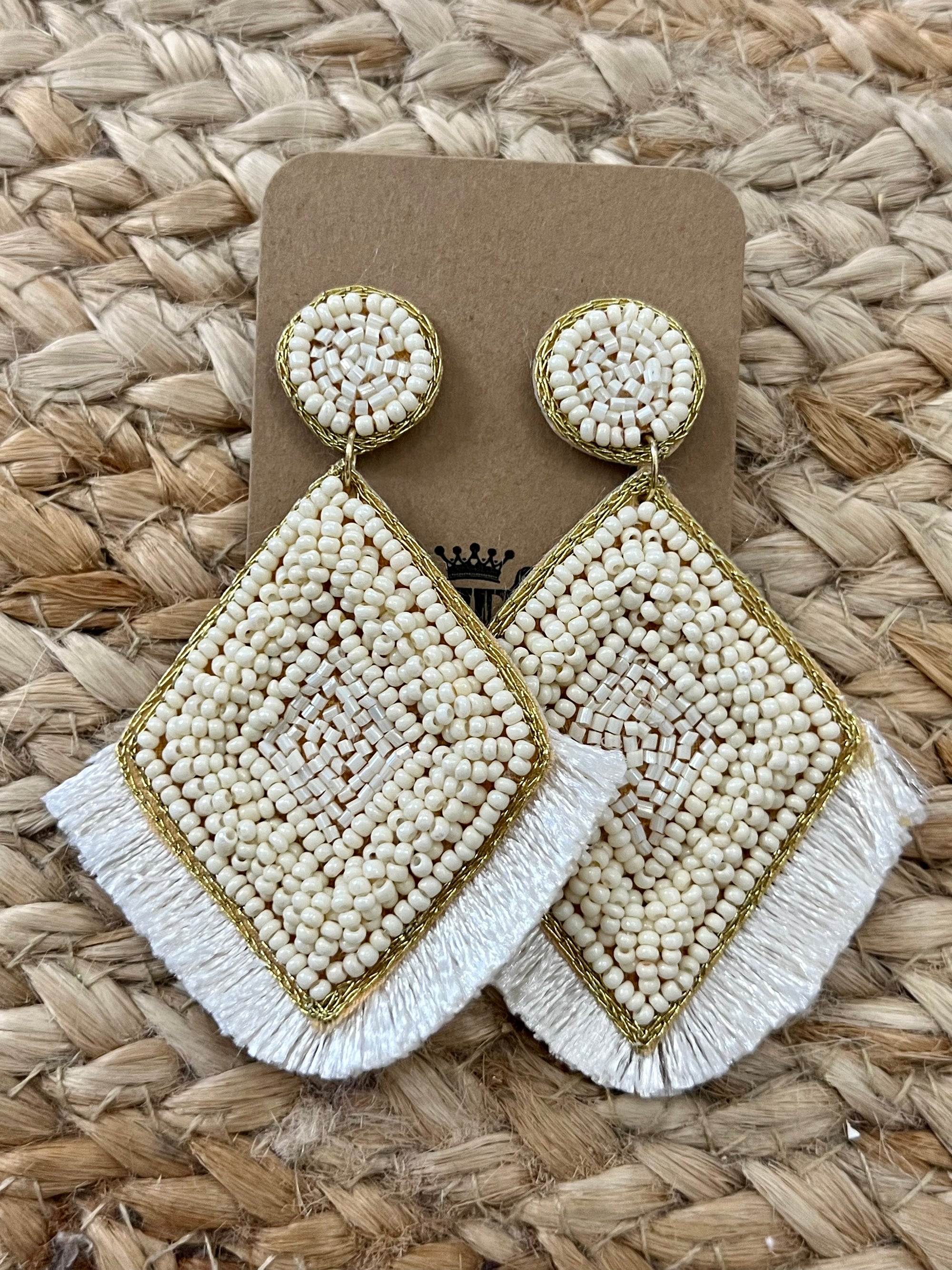Seed Bead Rhombus Tassel Earrings in Ivory