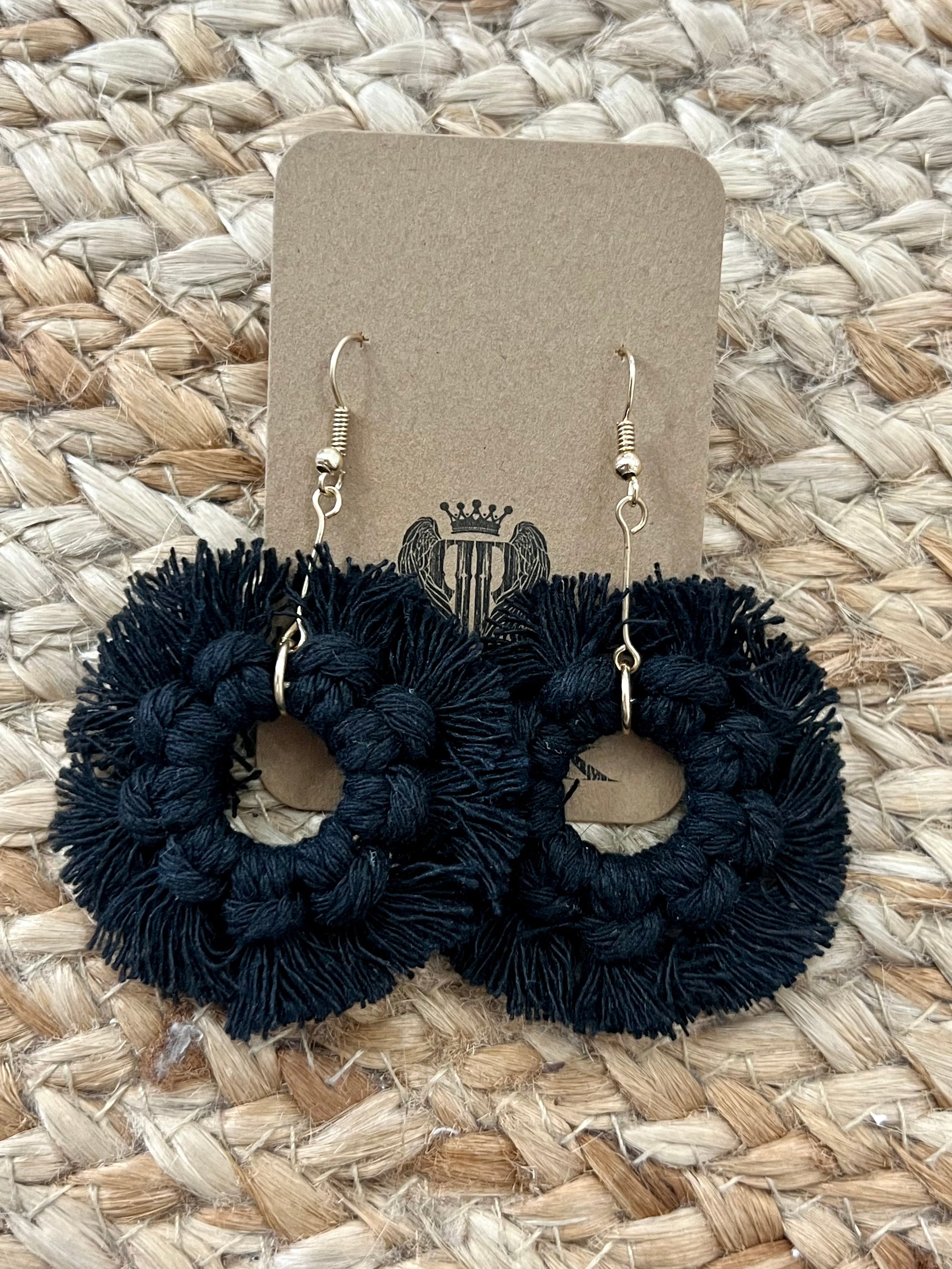 Woven Circle Tassel Earrings in Black