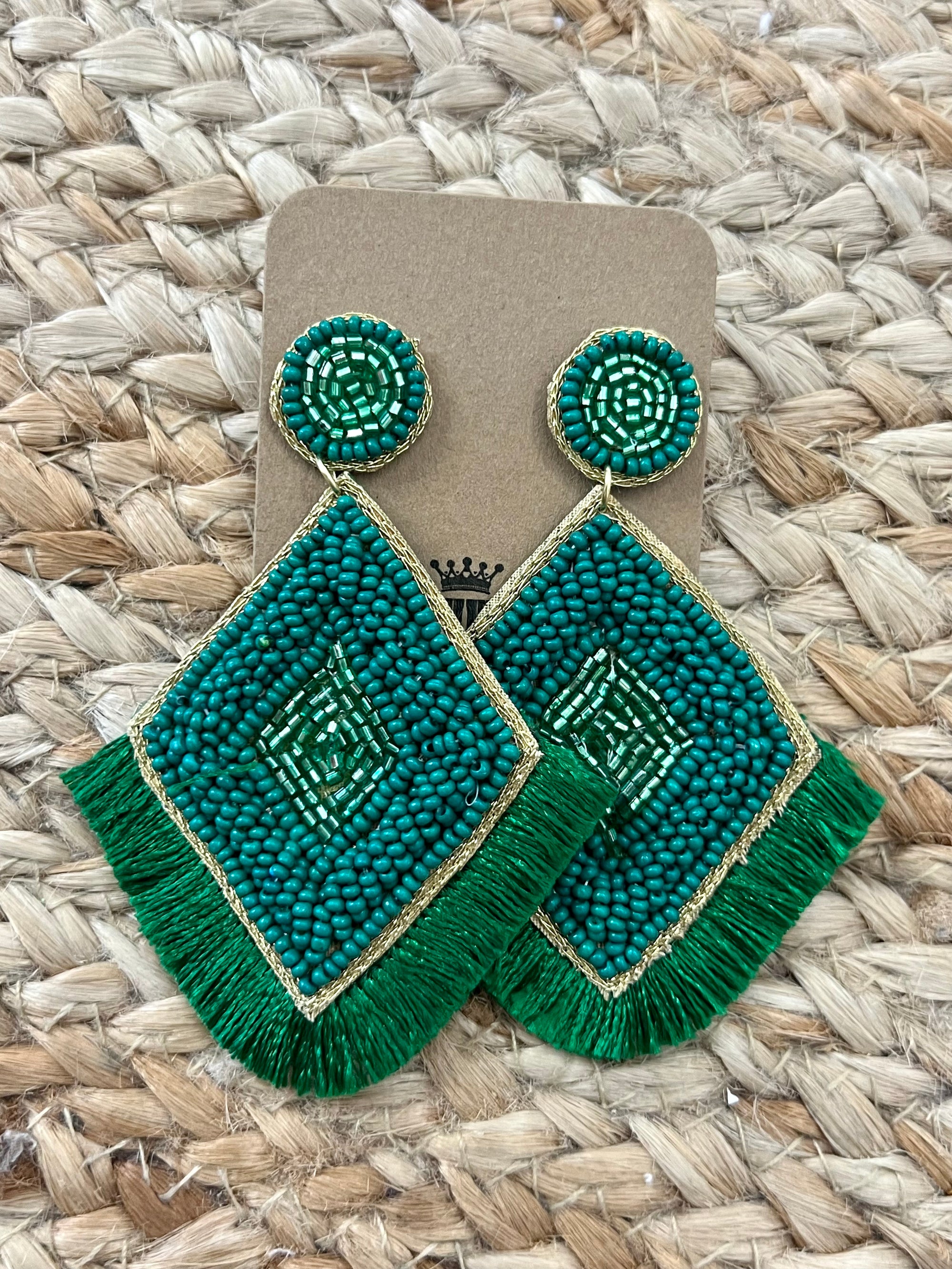 Seed Bead Rhombus Tassel Earrings in Green