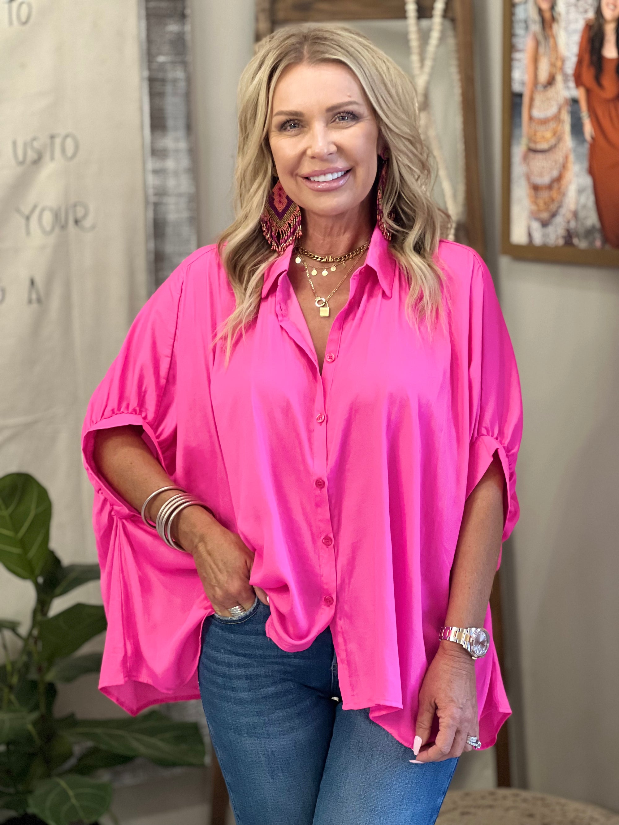 Oversized Satin Button Down Shirt in Barbie Pink