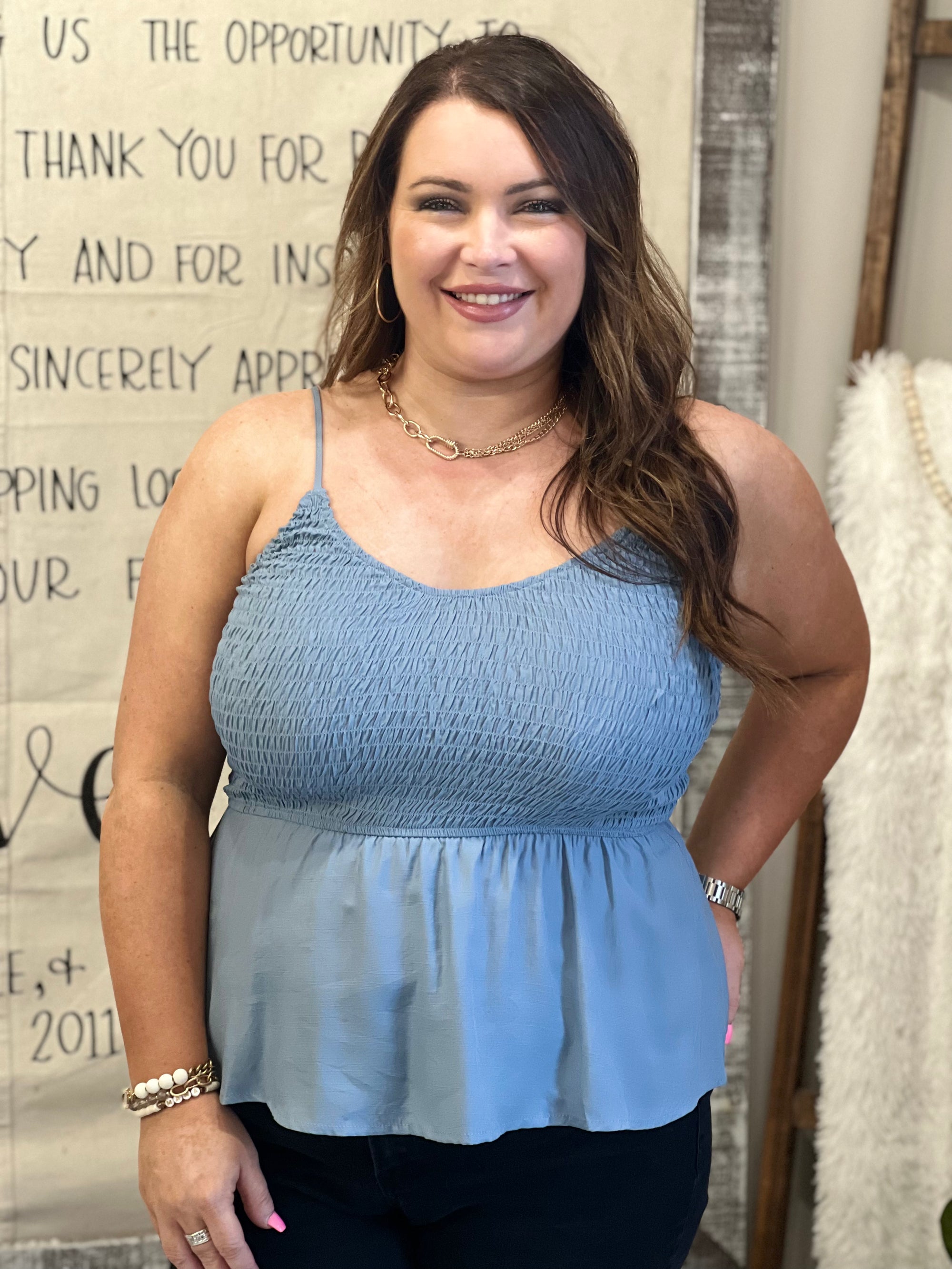 Smocked Bodice Tank Top in Blue