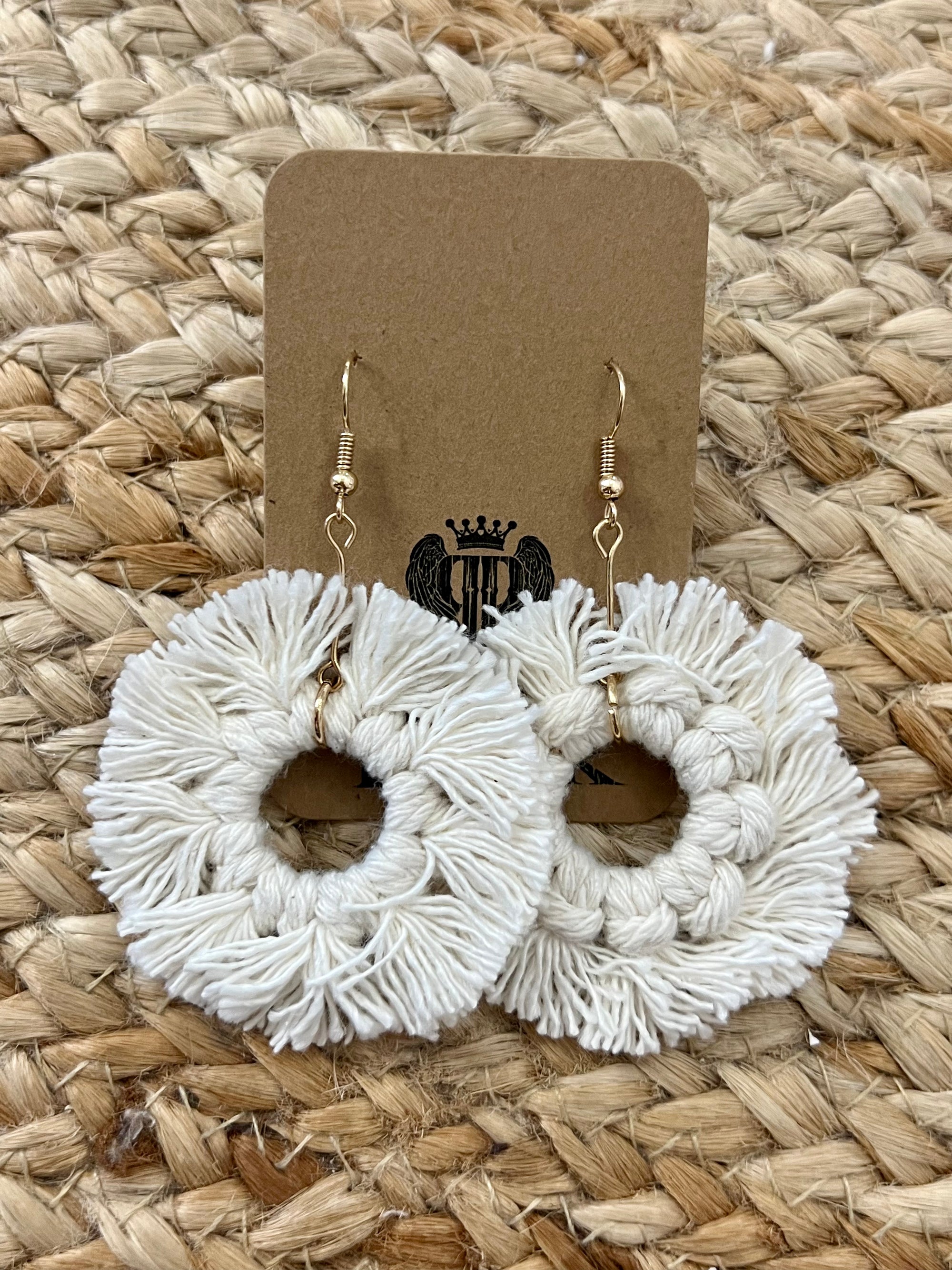 Woven Circle Tassel Earrings in Ivory