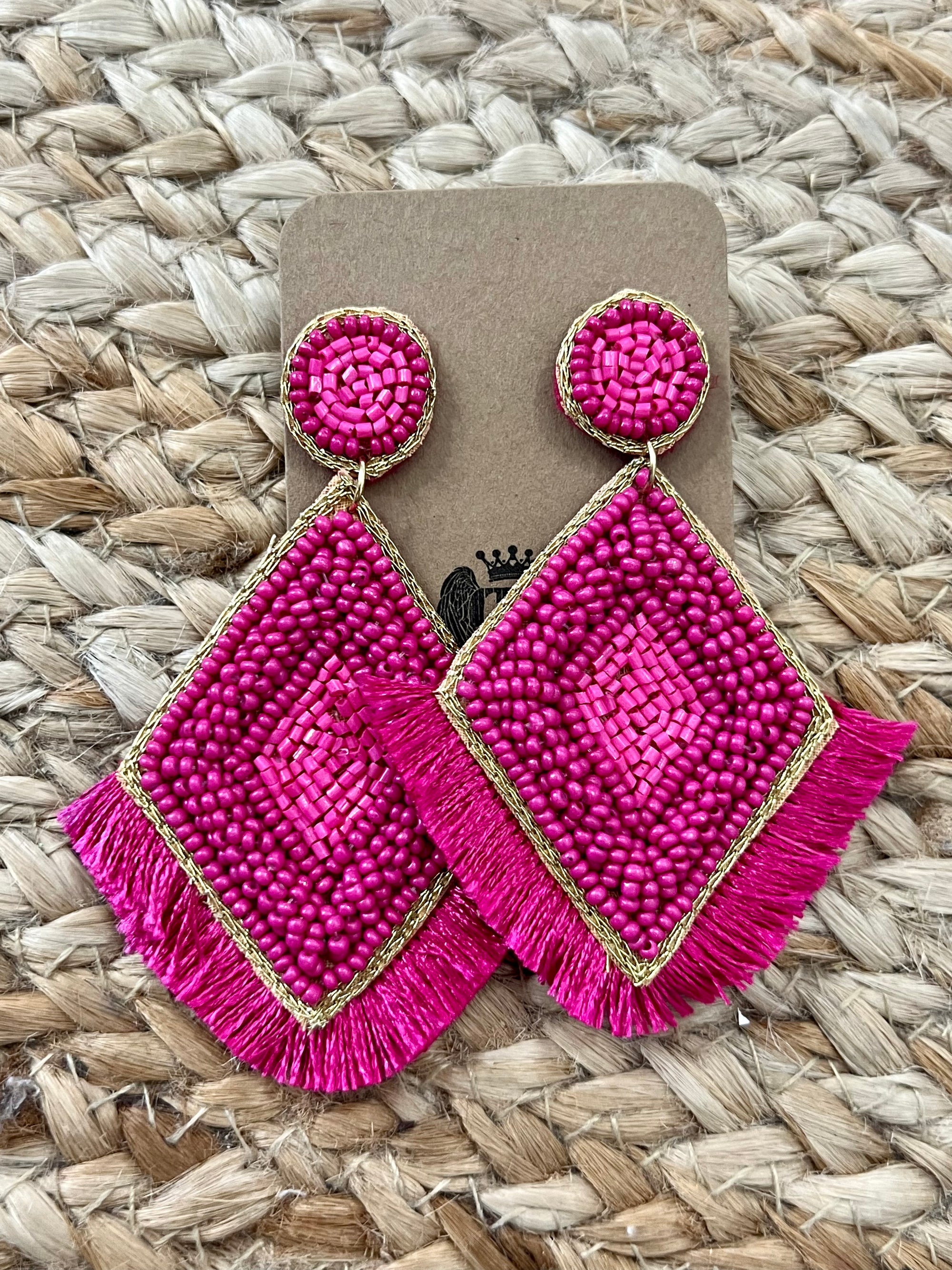Seed Bead Rhombus Tassel Earrings in Pink