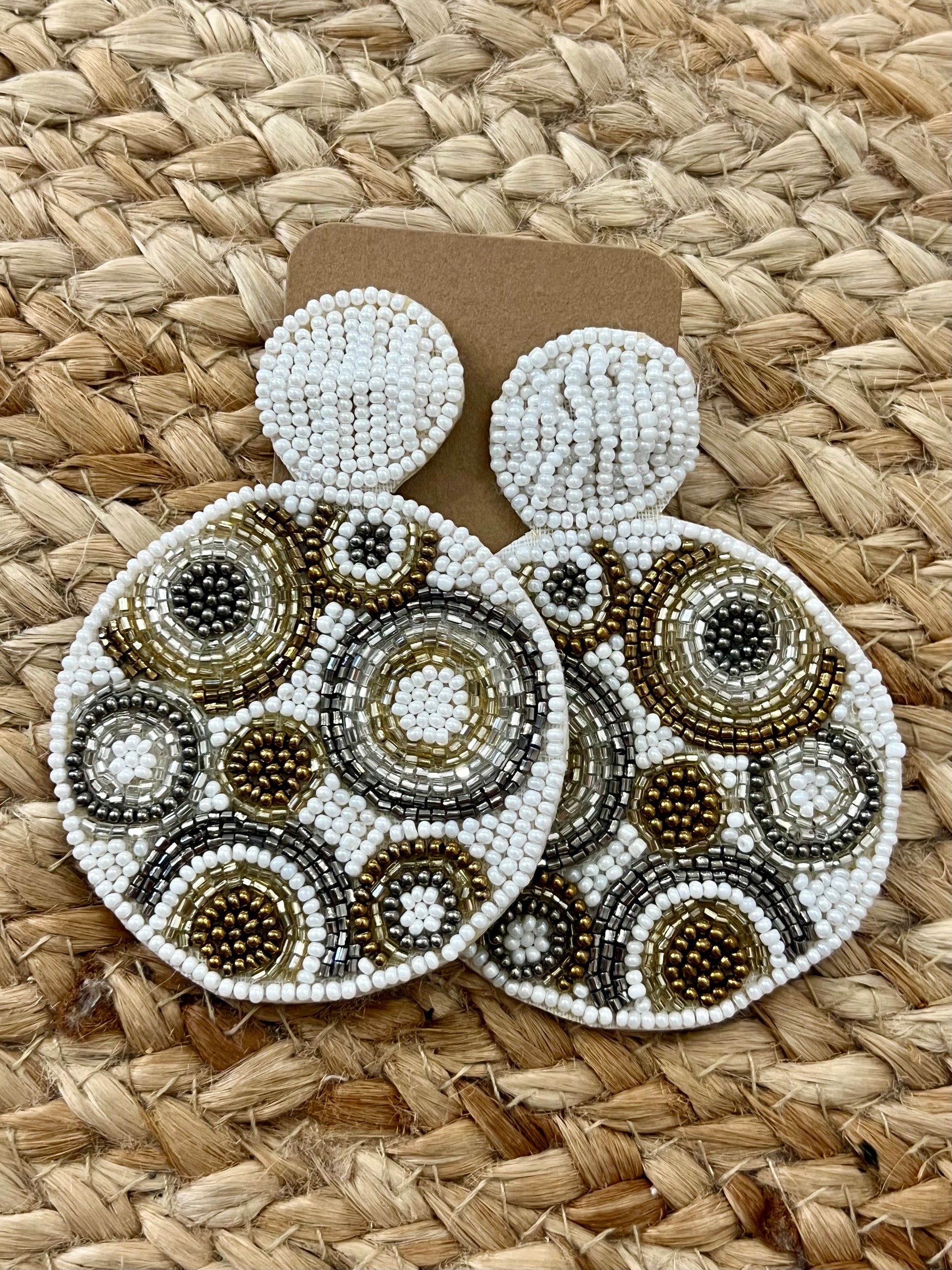 Floral Beaded Circle Earrings in White