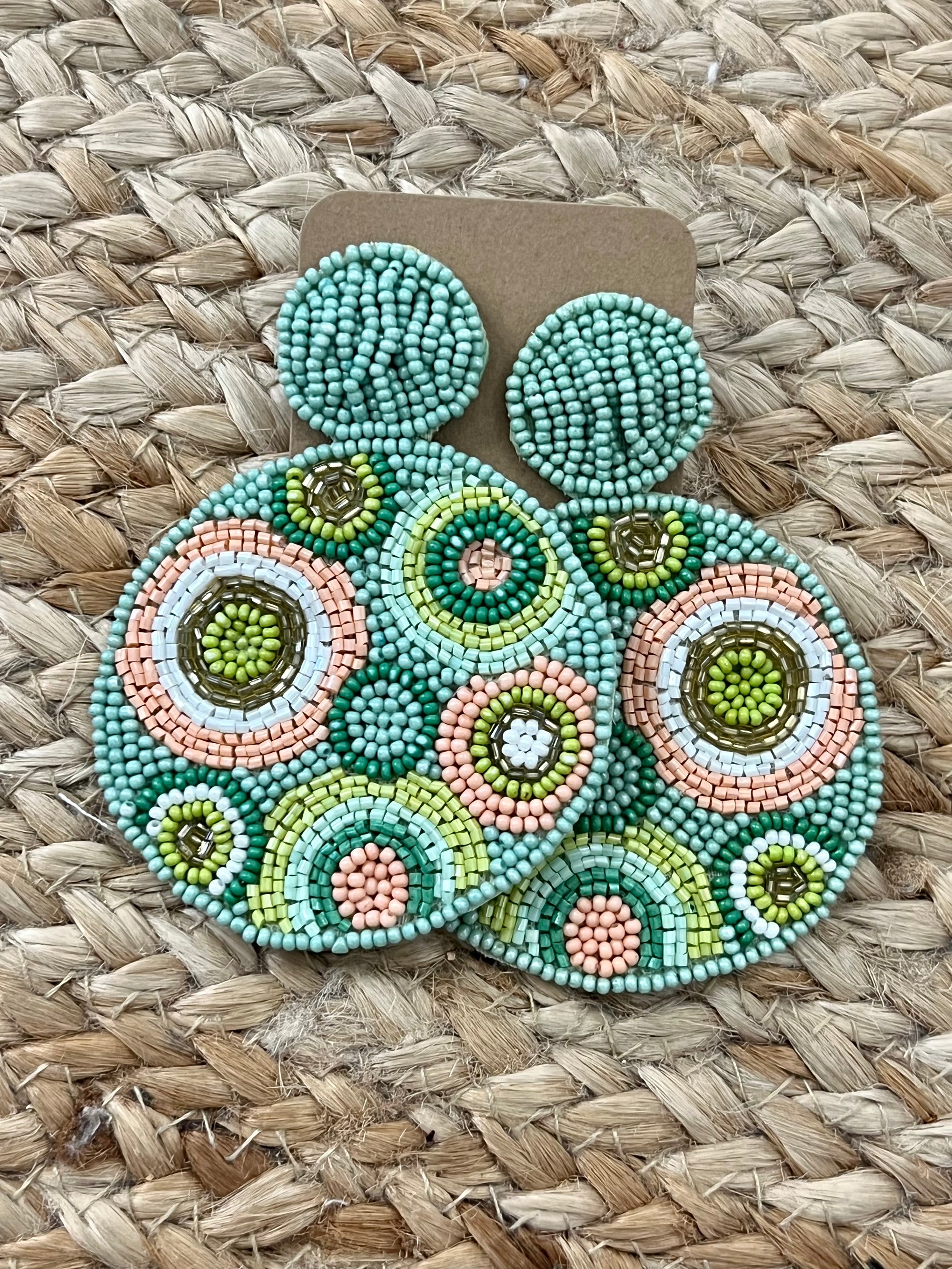 Floral Beaded Circle Earrings in Mint