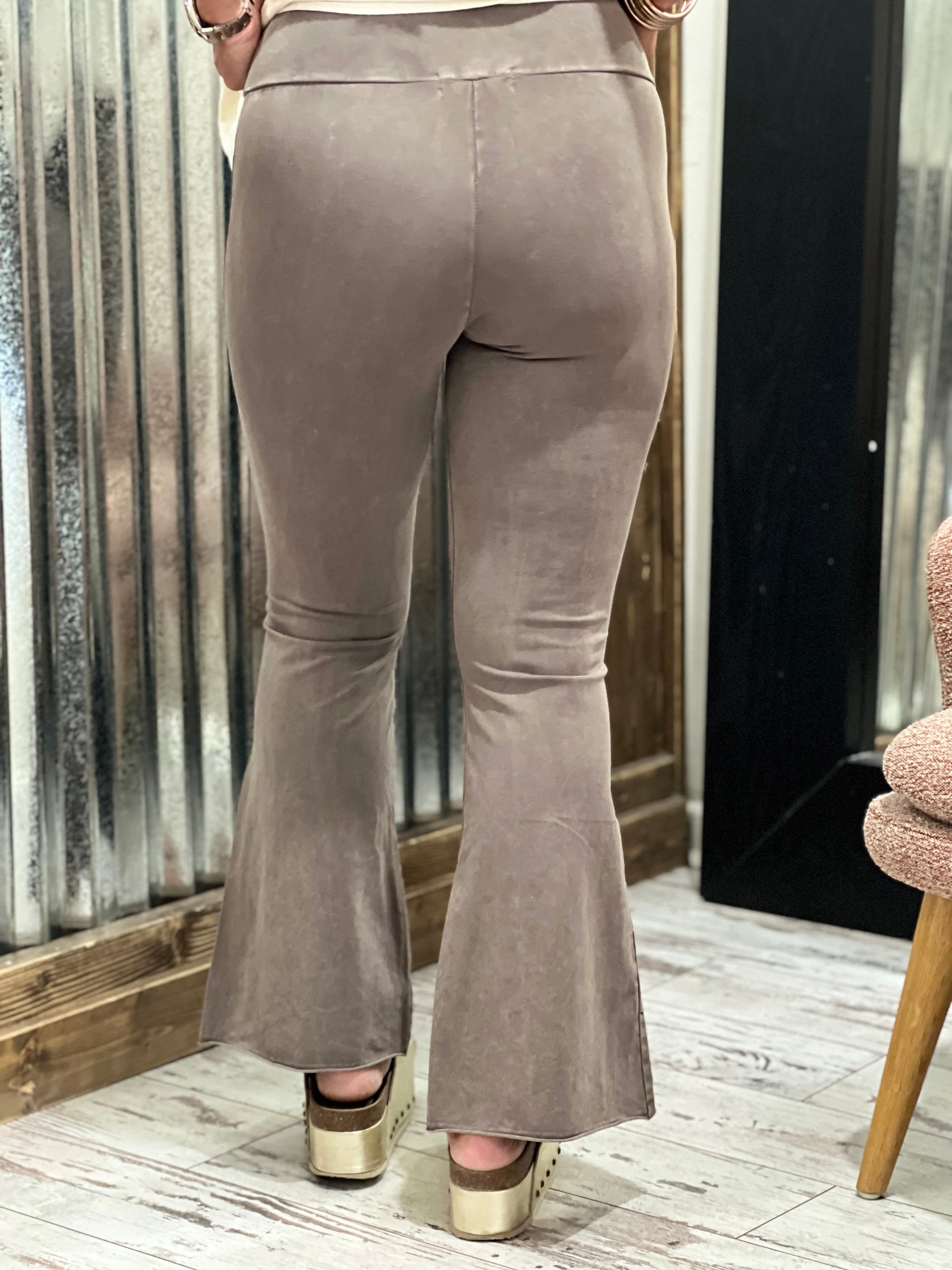 Washed Asymmetric Hem Flare Pants in Taupe