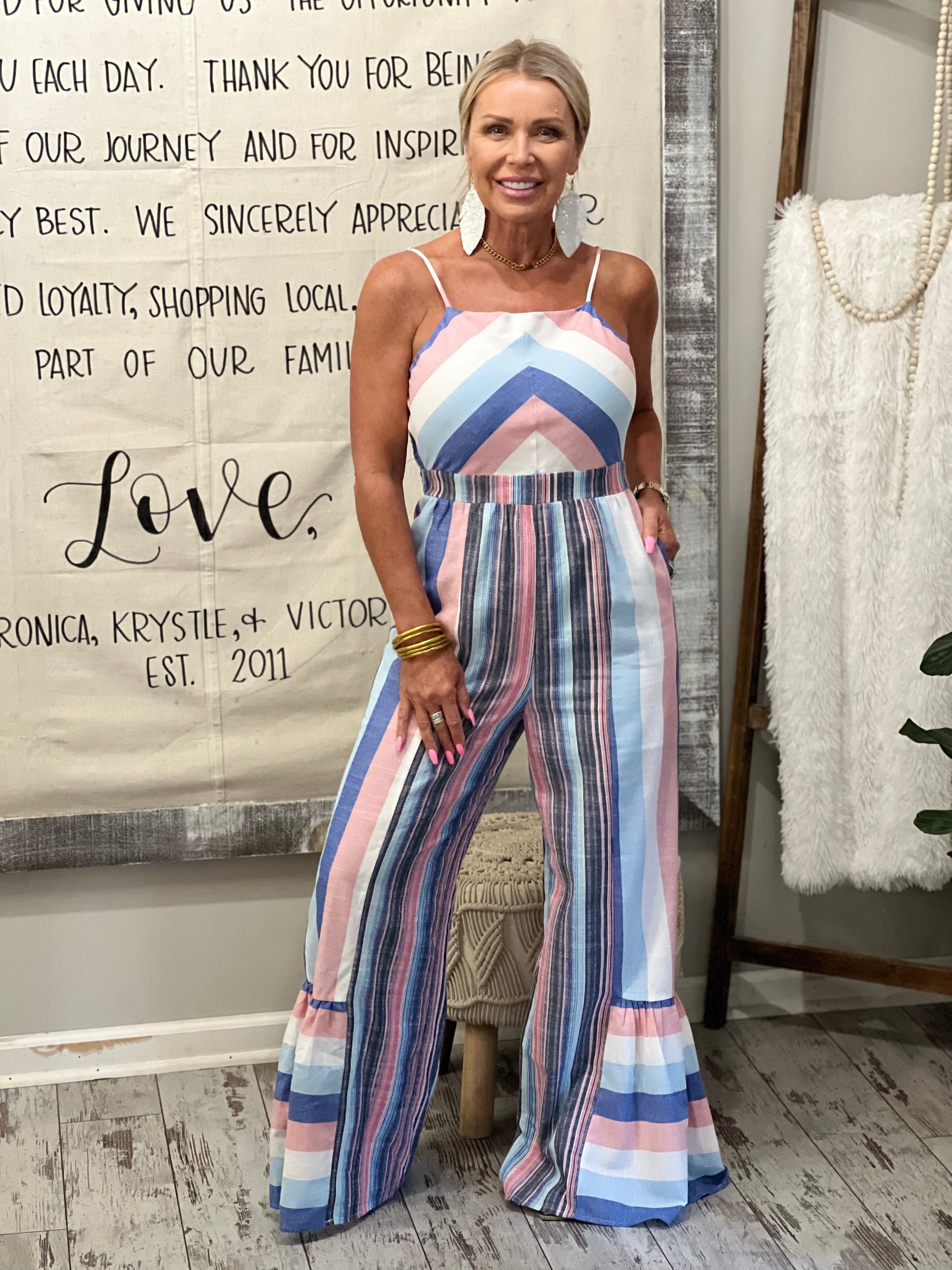 Striped Ruffle Hem Wide Leg Jumpsuit in Blue