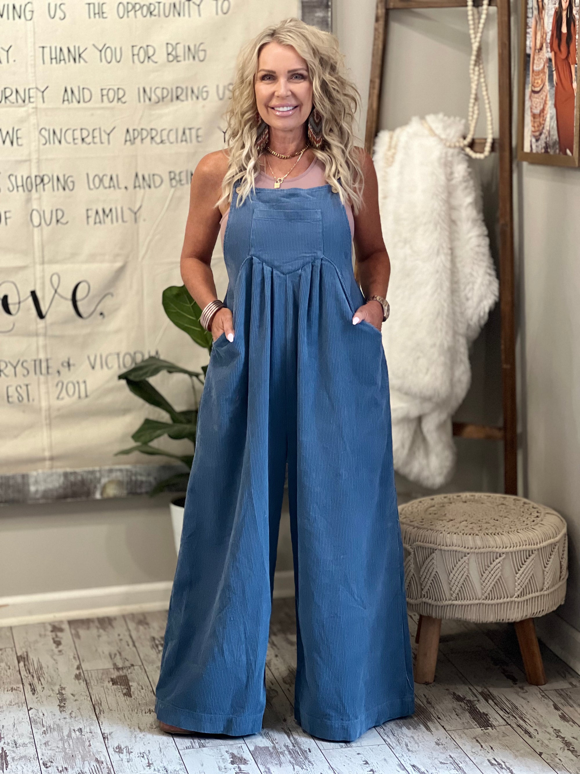 Washed Wide Leg Corduroy Overalls in Blue